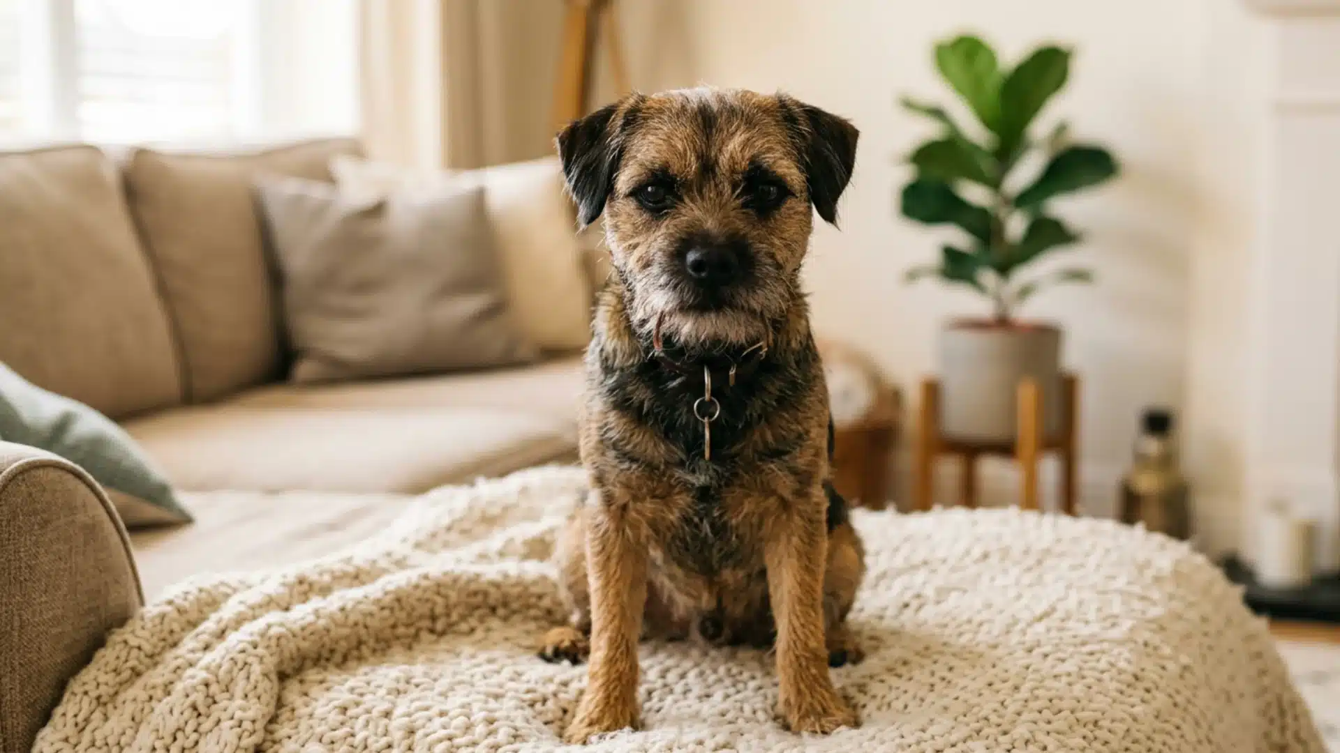 Border terrier sitting on a knit blanket in a cozy living room