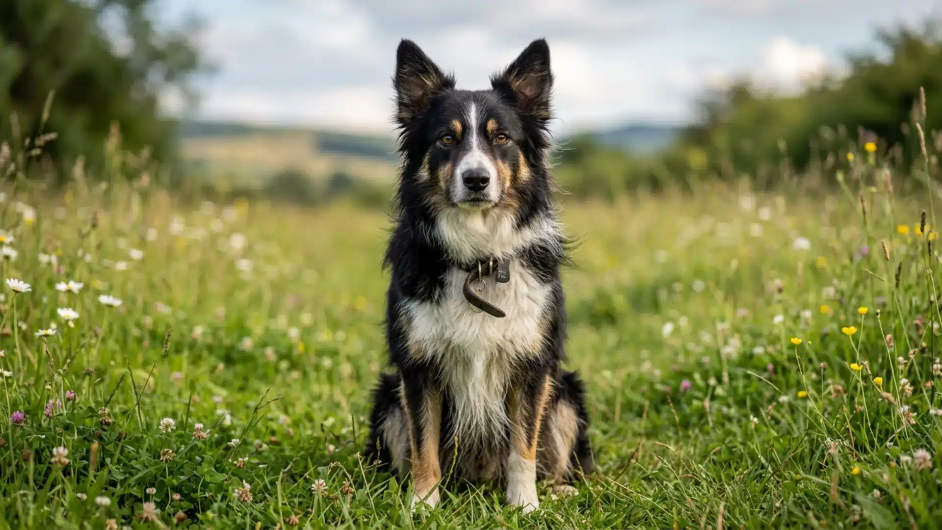 Border Collie sitting in a wildflower meadow with rolling hills behind