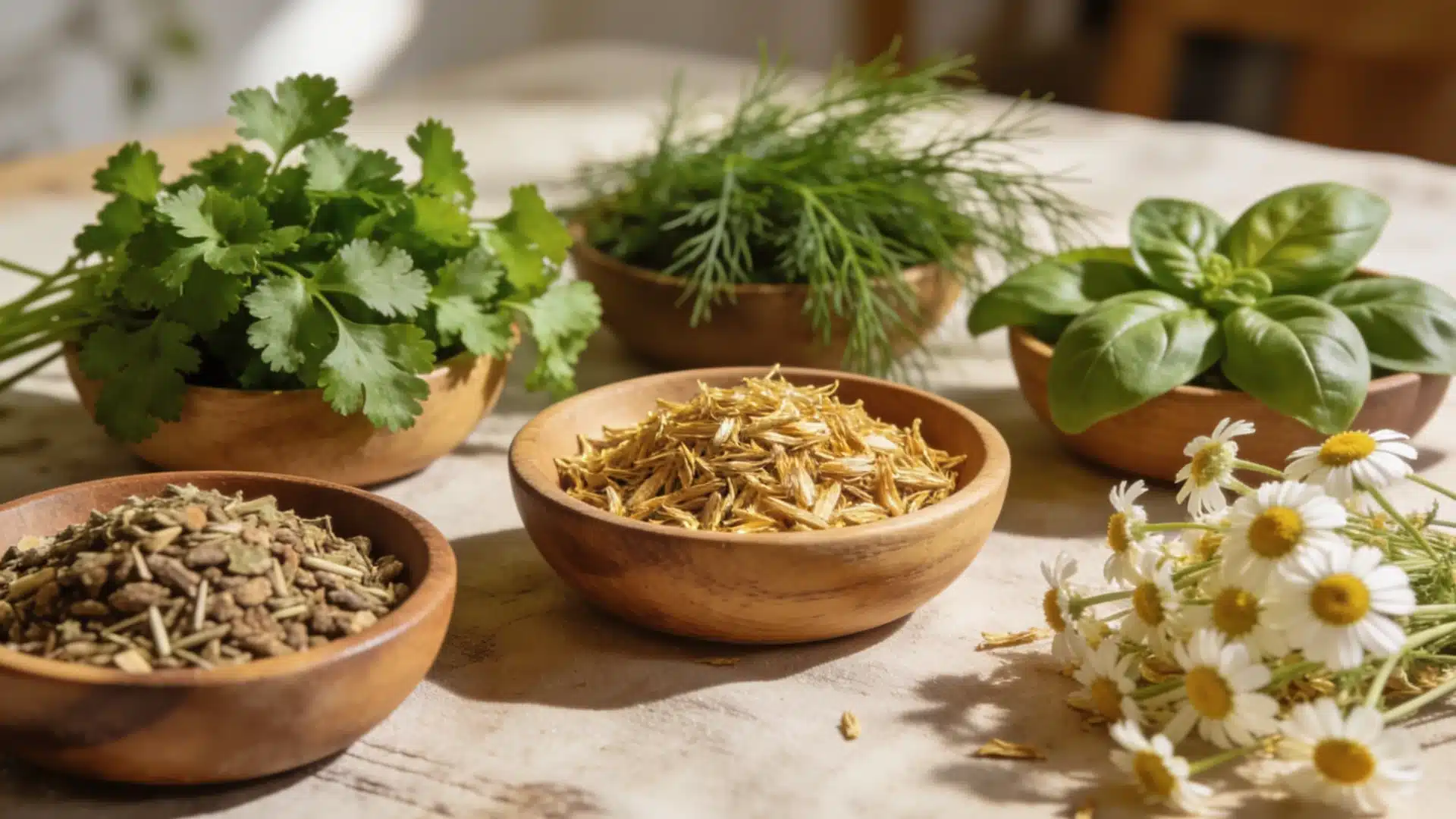 Bowls of herbs and dried flowers on a table