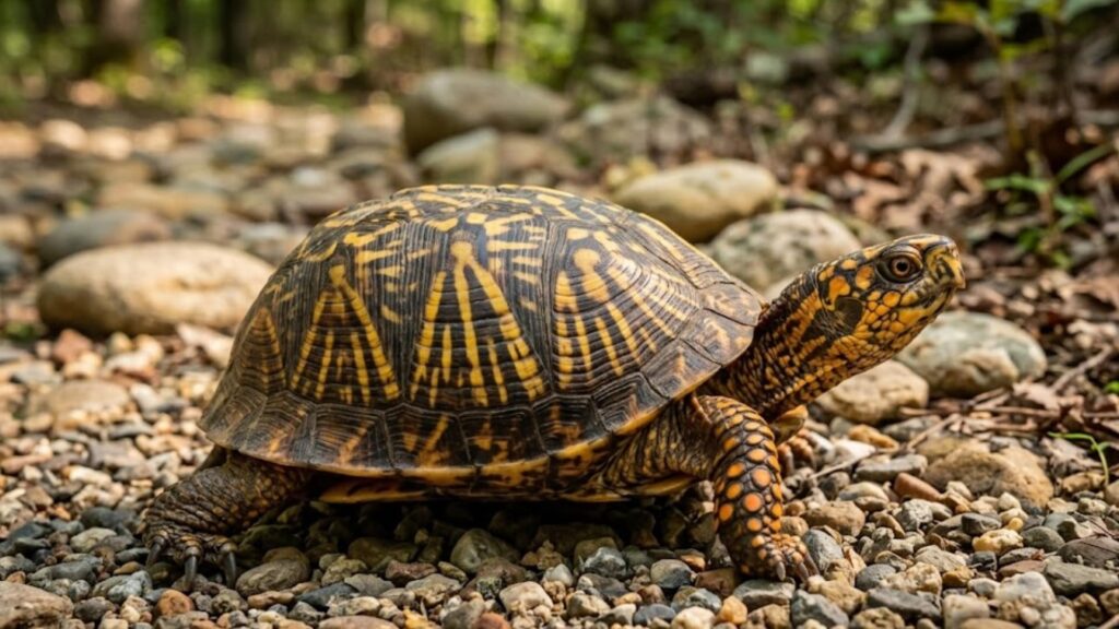 Box turtle walking over small rocks in a forest with a bright patterned shell and orange-spotted skin