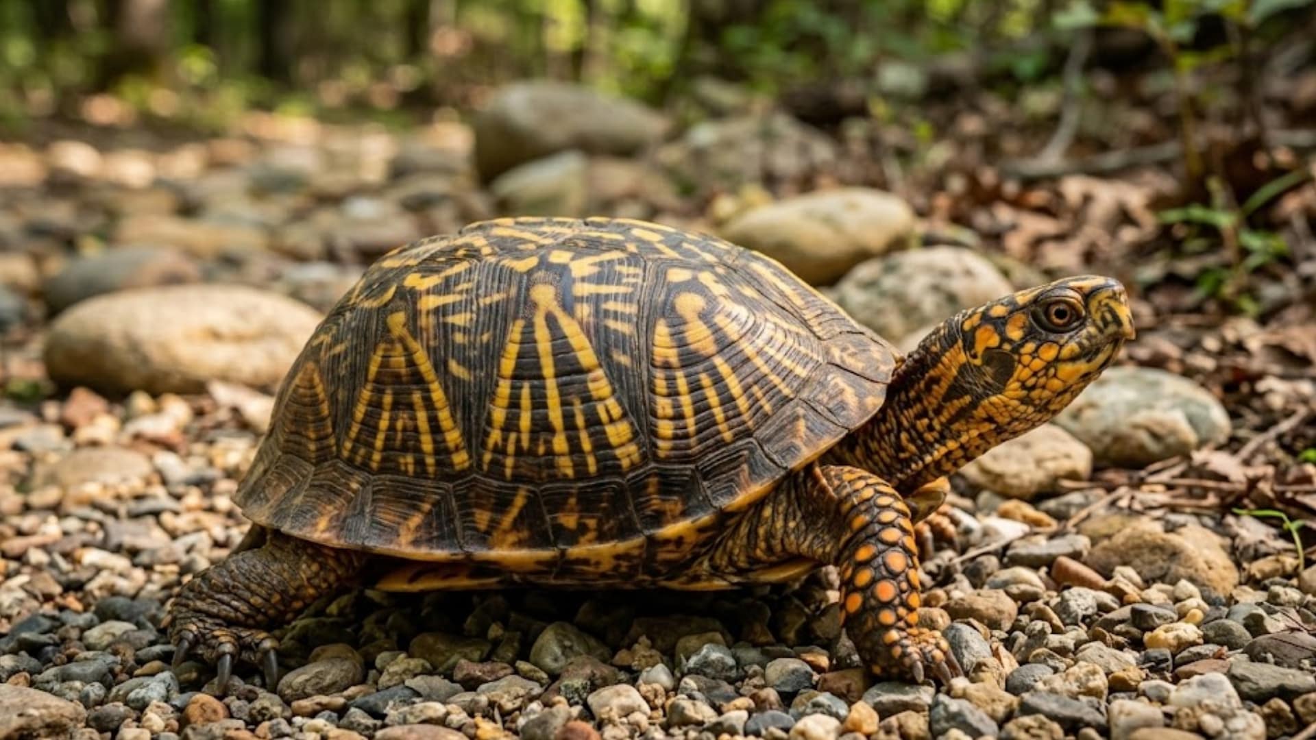 Box turtle walking over small rocks in a forest with a bright patterned shell and orange-spotted skin