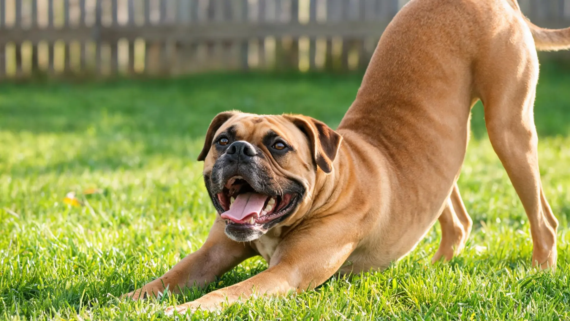 Boxer stretching playfully on green grass in a sunny backyard.