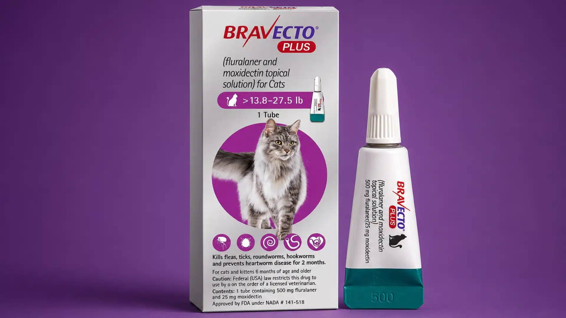 Box of Bravecto Plus for large cats weighing 13.8–27.5 lbs, standing next to its topical applicator tube.
