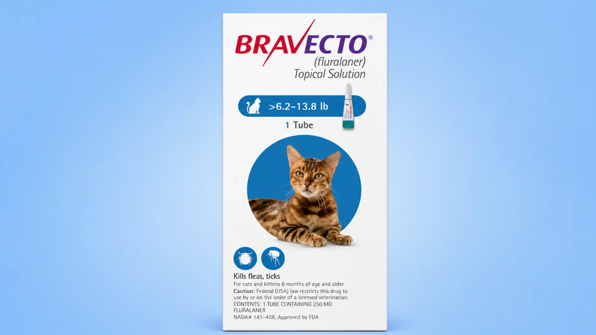 Box of Bravecto topical solution flea and tick treatment for cats weighing 6.2–13.8 lbs, featuring a bengal cat.