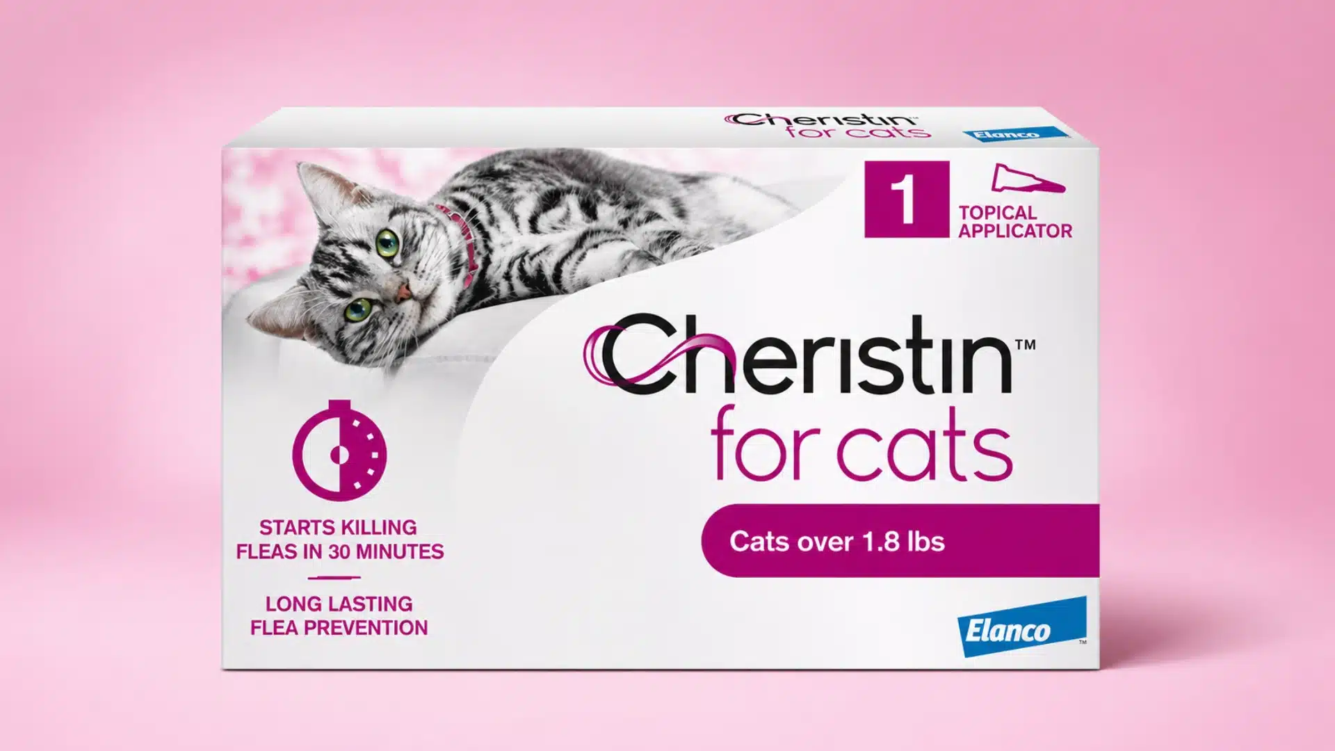 Box of Cheristin for cats over 1.8 lbs, showing a tabby cat lounging against a pink background