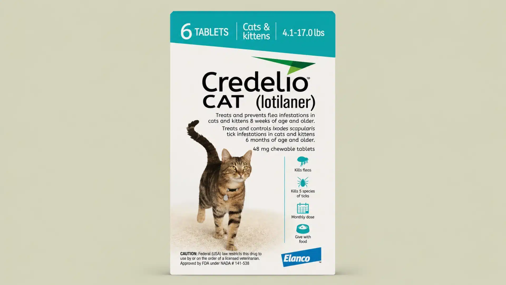 Box of Credelio Cat chewable tablets for cats and kittens weighing 4.1–17.0 lbs, featuring a walking tabby cat.