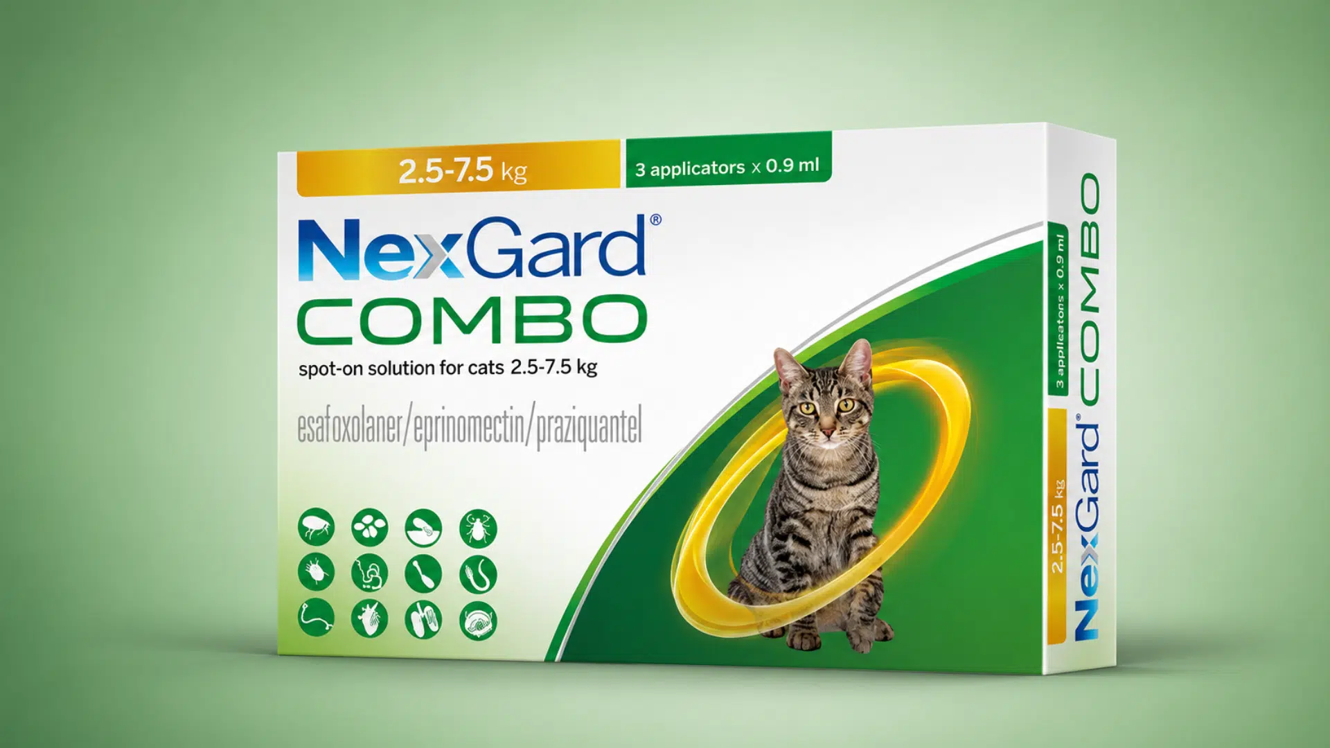 Box of NexGard COMBO for cats weighing 2.5–7.5 kg, featuring a tabby cat circled in gold