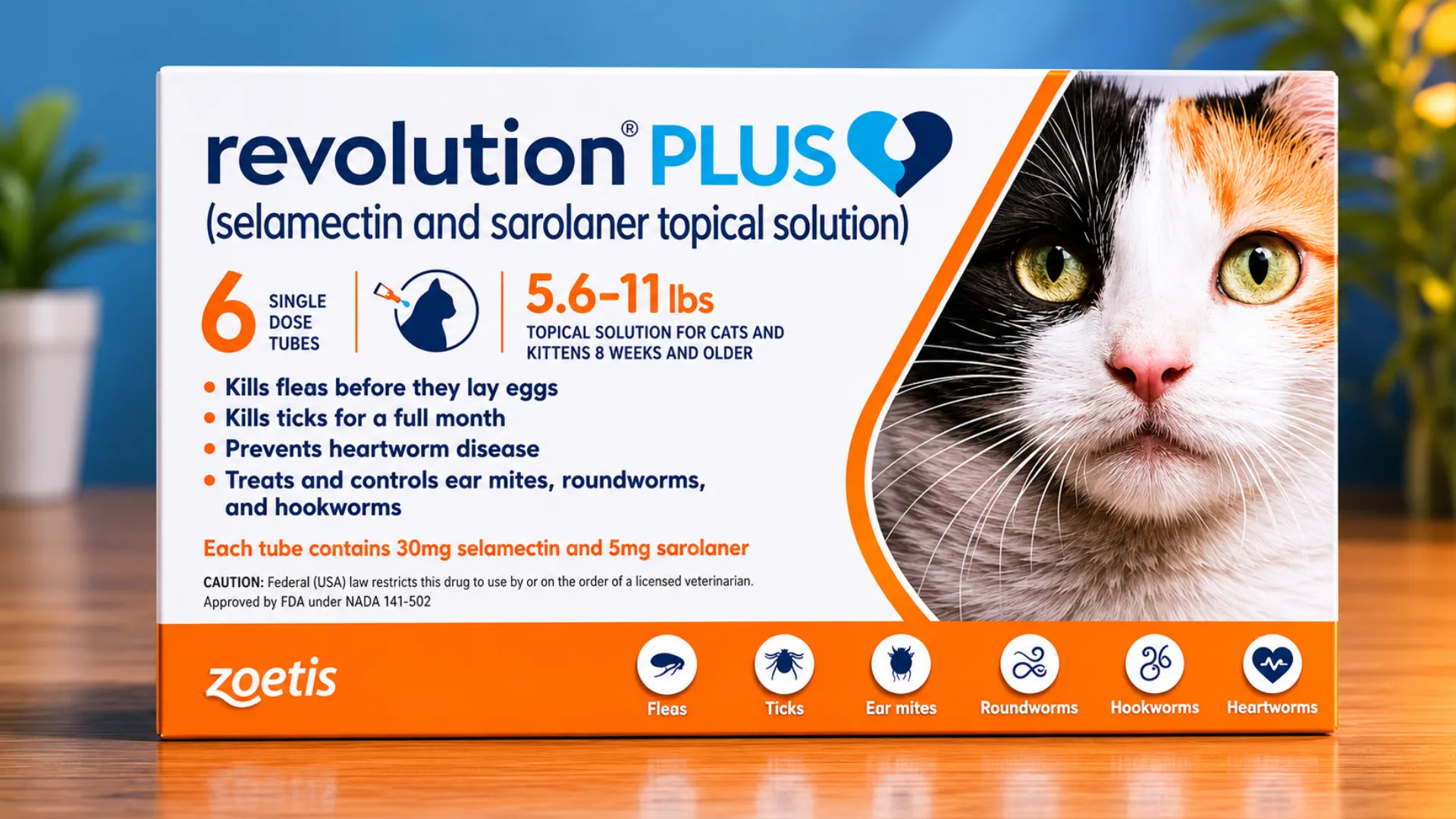 Box of Revolution Plus for cats weighing 5.6–11 lbs, highlighting its protection against fleas, ticks, and worms