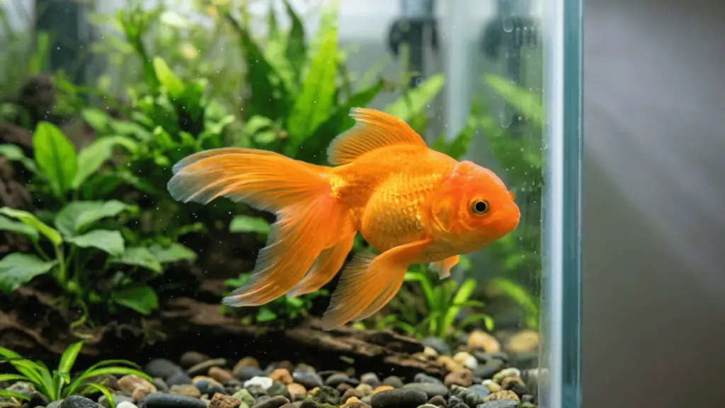 Bright orange goldfish swimming in a planted aquarium with smooth stones, healthy fins, and clear water