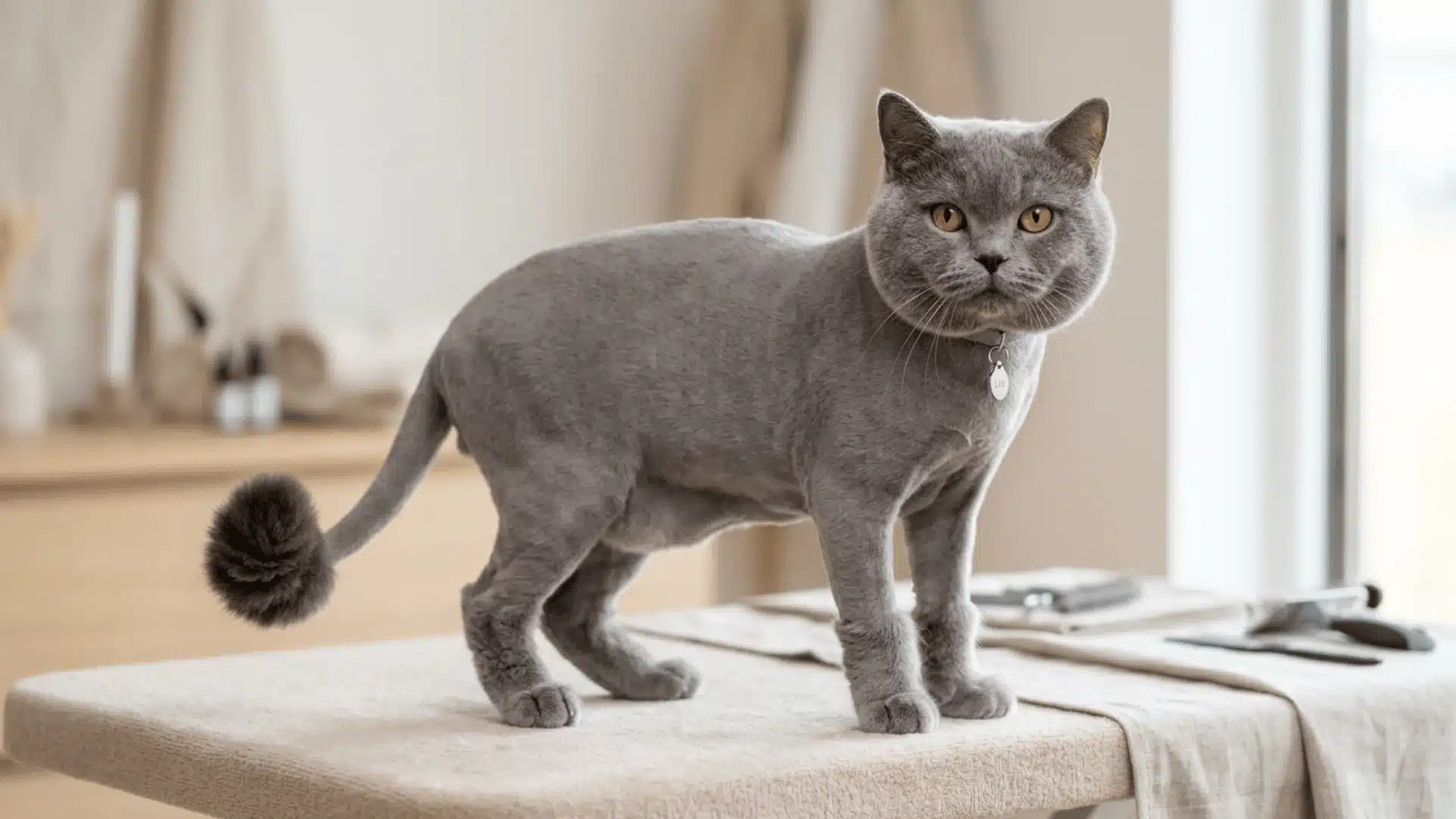 British Shorthair with Tigon cut, rounded head, and shaved body
