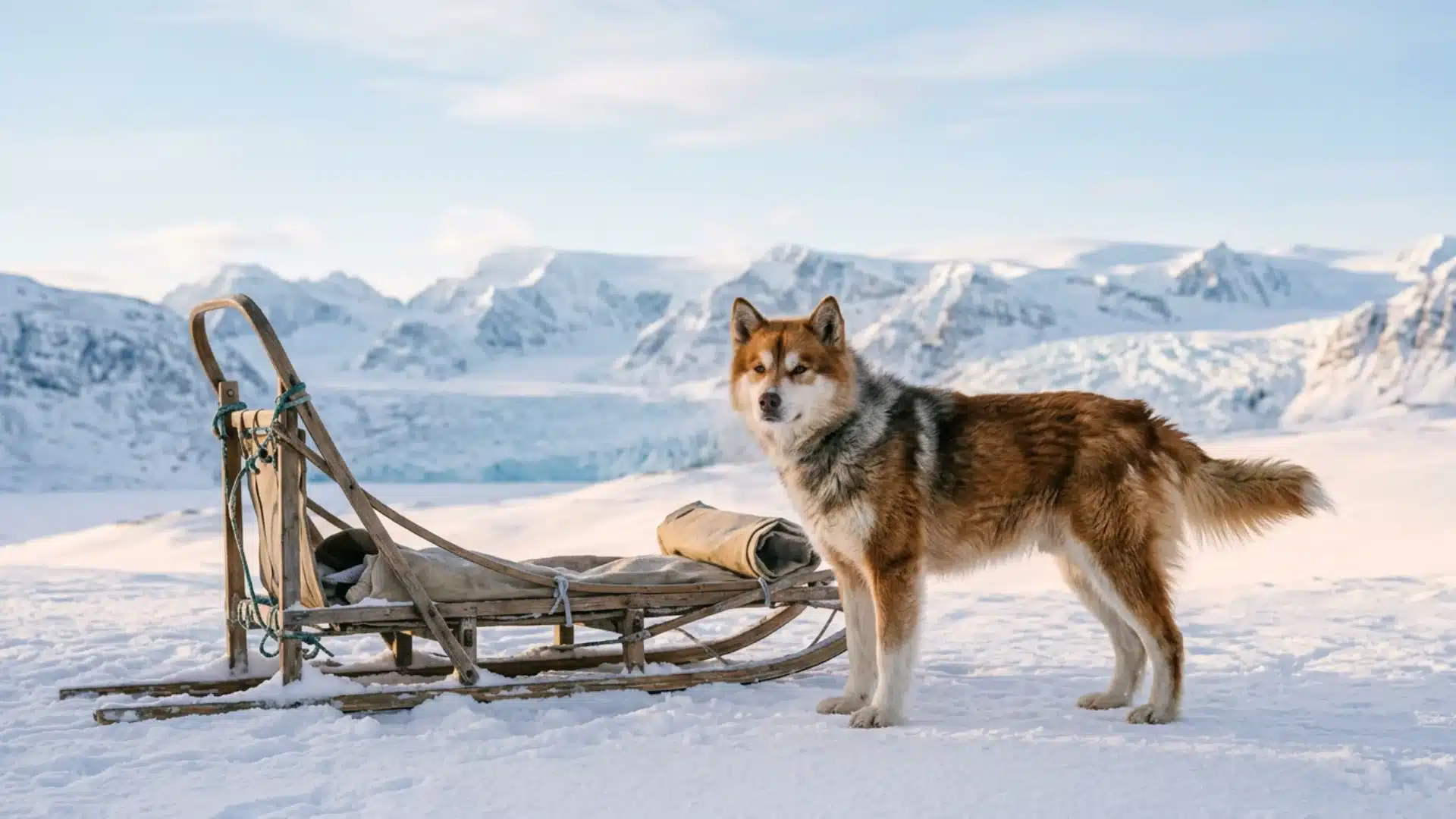 Brown and white sled dog with a wooden sled in the snow.