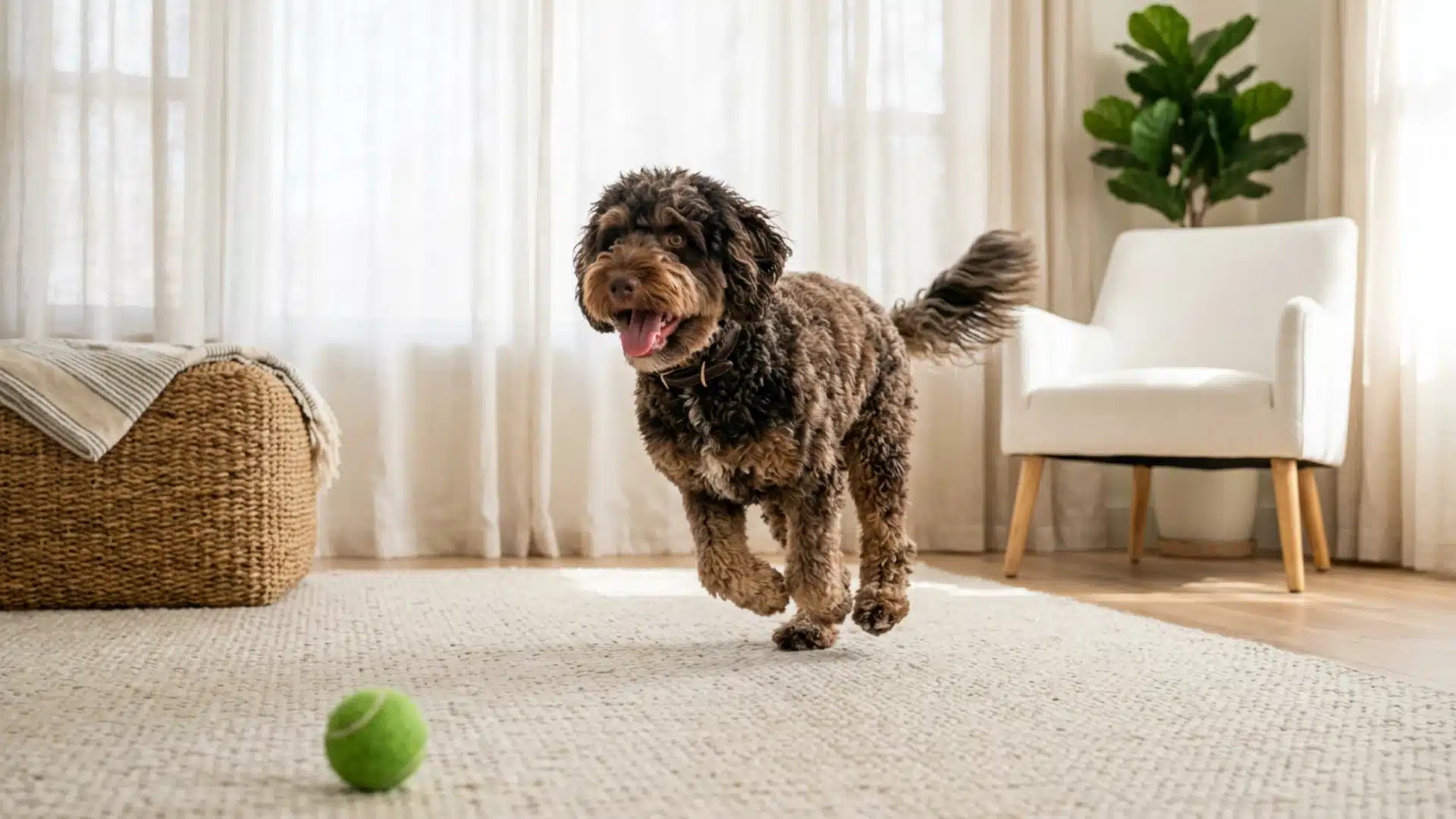Brown curly Barbet dog running indoors toward a green tennis ball in a bright living room.