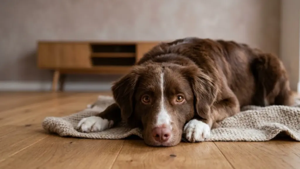 Brown dog lying on a rug indoors with tired eyes, fitting a blog about kidney failure symptoms in dogs