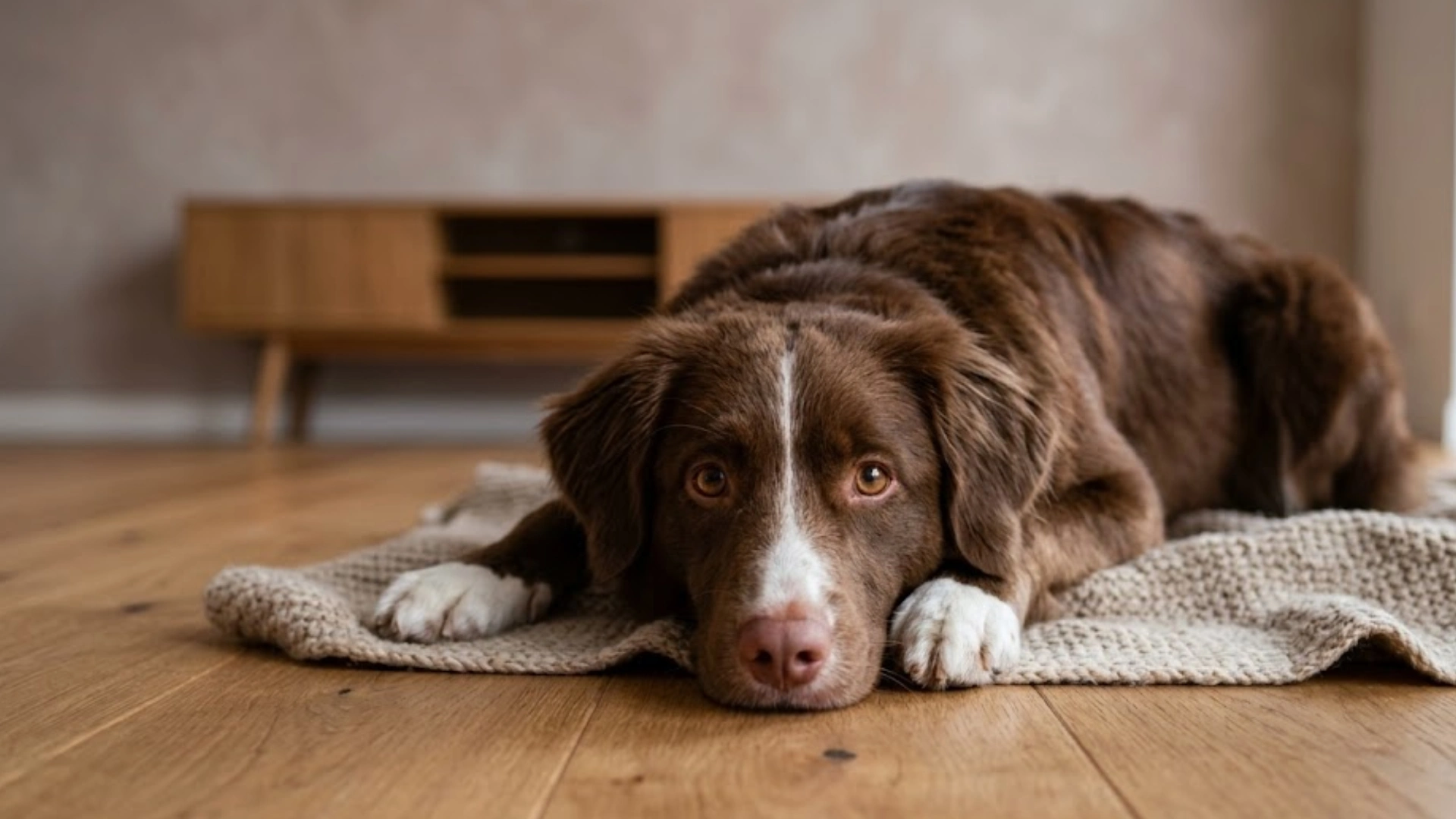 Brown dog lying on a rug indoors with tired eyes, fitting a blog about kidney failure symptoms in dogs
