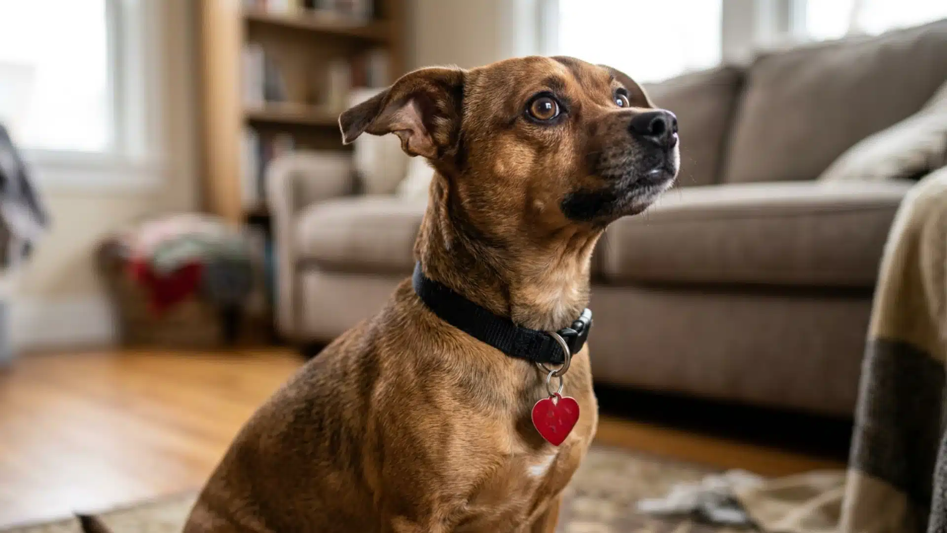 Brown dog wearing black collar with red heart tag sitting indoors, looking up attentively in a living room
