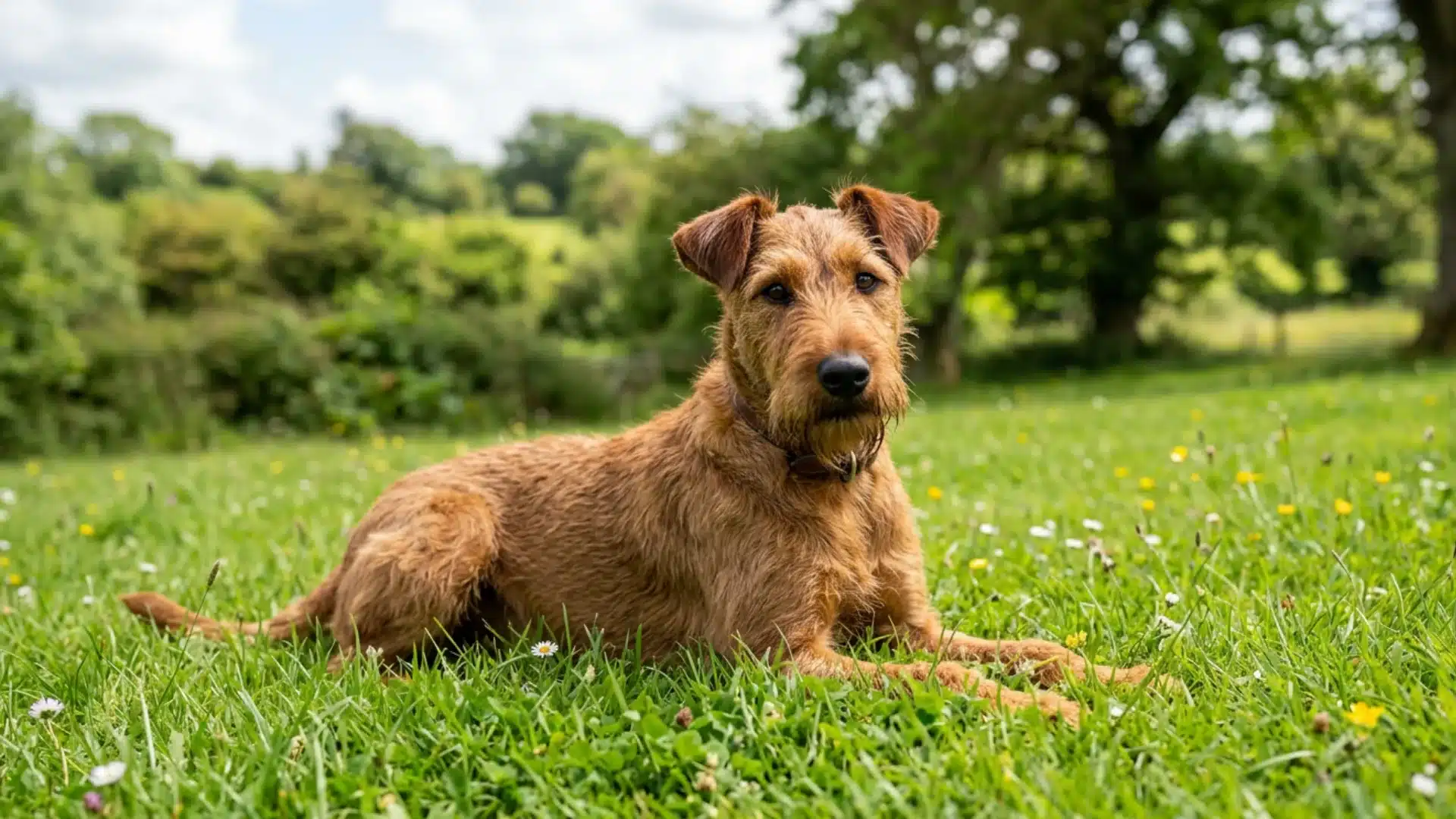 Brown Irish terrier lying in green grass with wildflowers