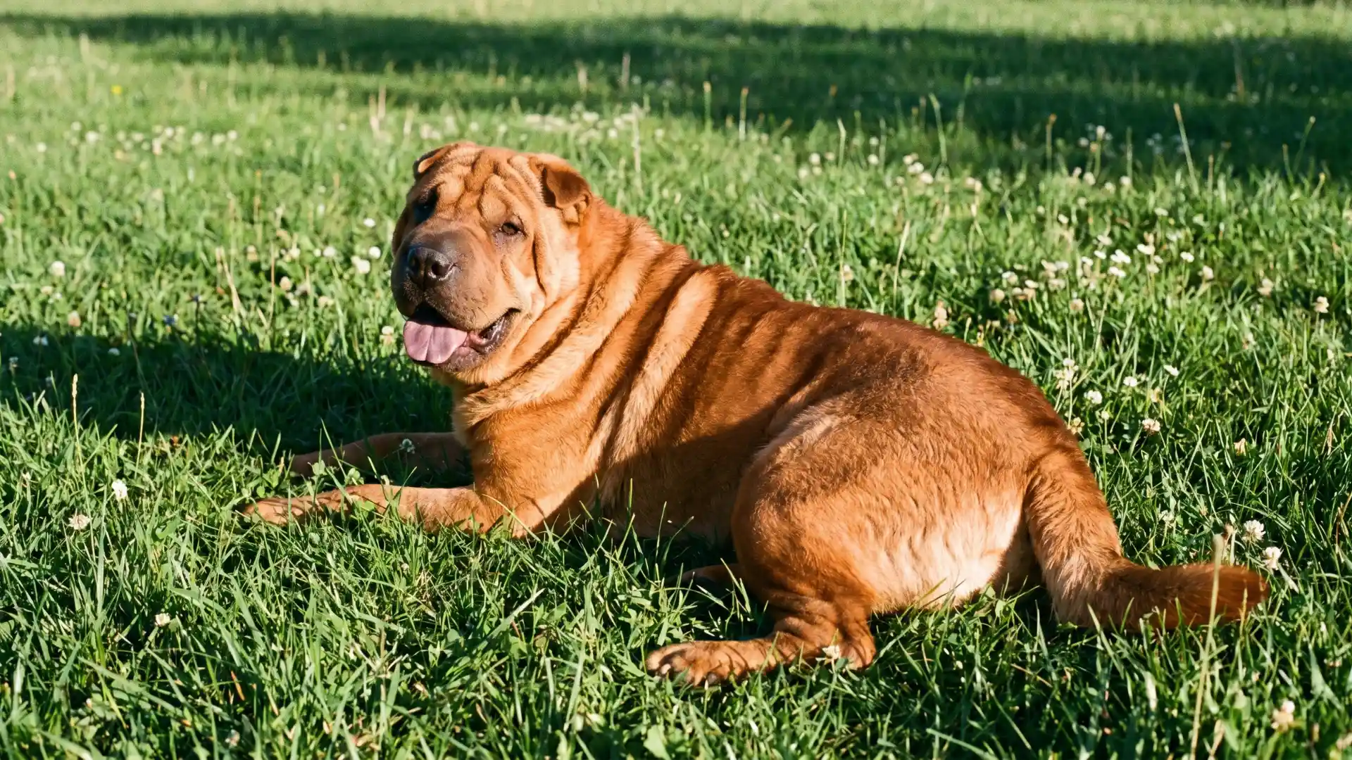 Brown Shar Pei lying in sunny grass with small white flowers.