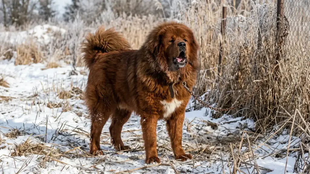 Brown Tibetan Mastiff standing in snow beside a chain-link fence.