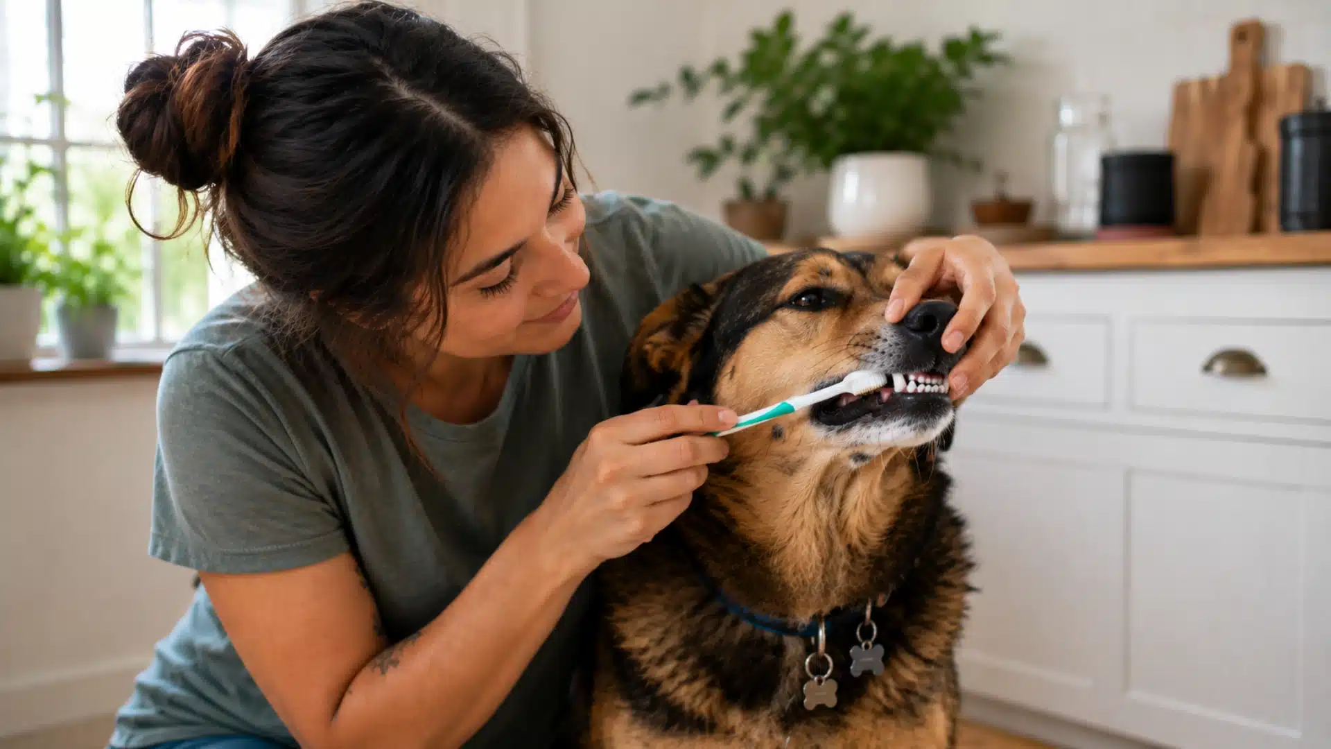 Brushing dog teeth in cozy kitchen