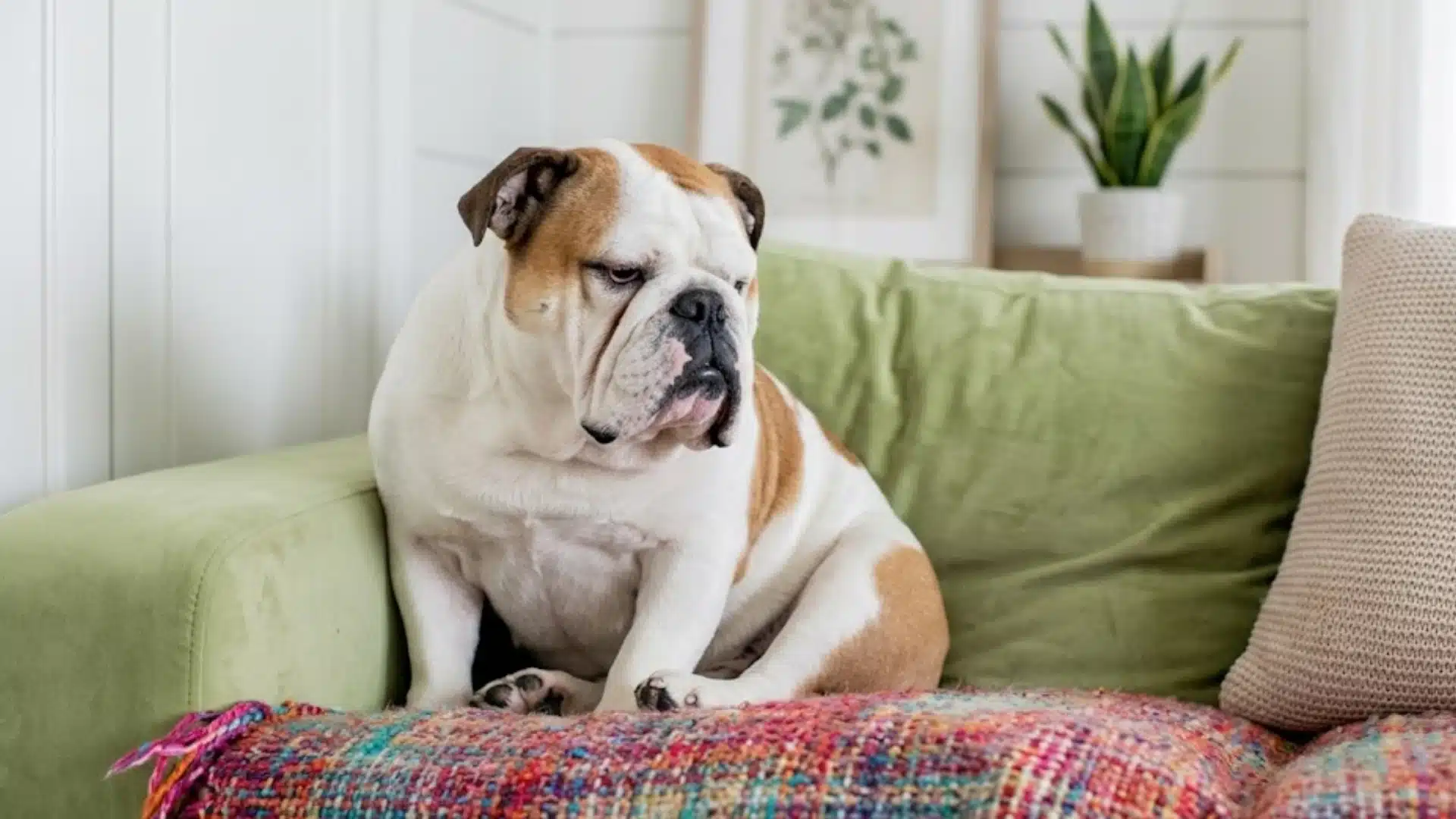 Bulldog sitting on a green couch and looking unwell in a cozy living room setting