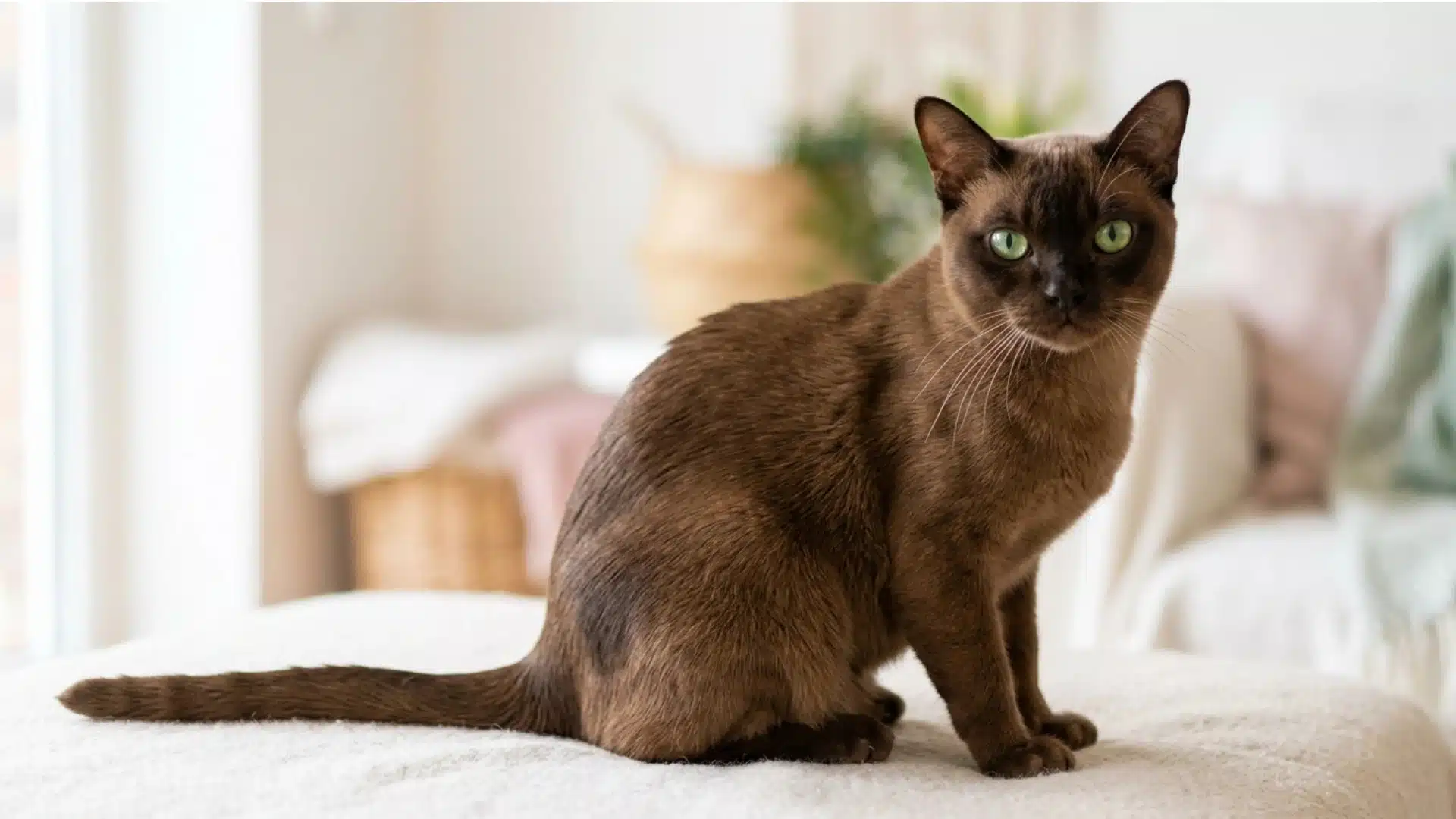 Burmese cat sitting on bed