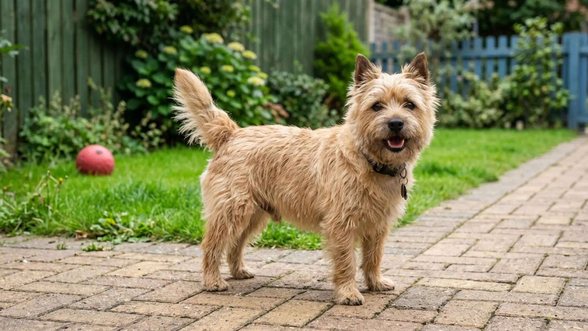Cairn Terrier standing on a brick patio in a garden