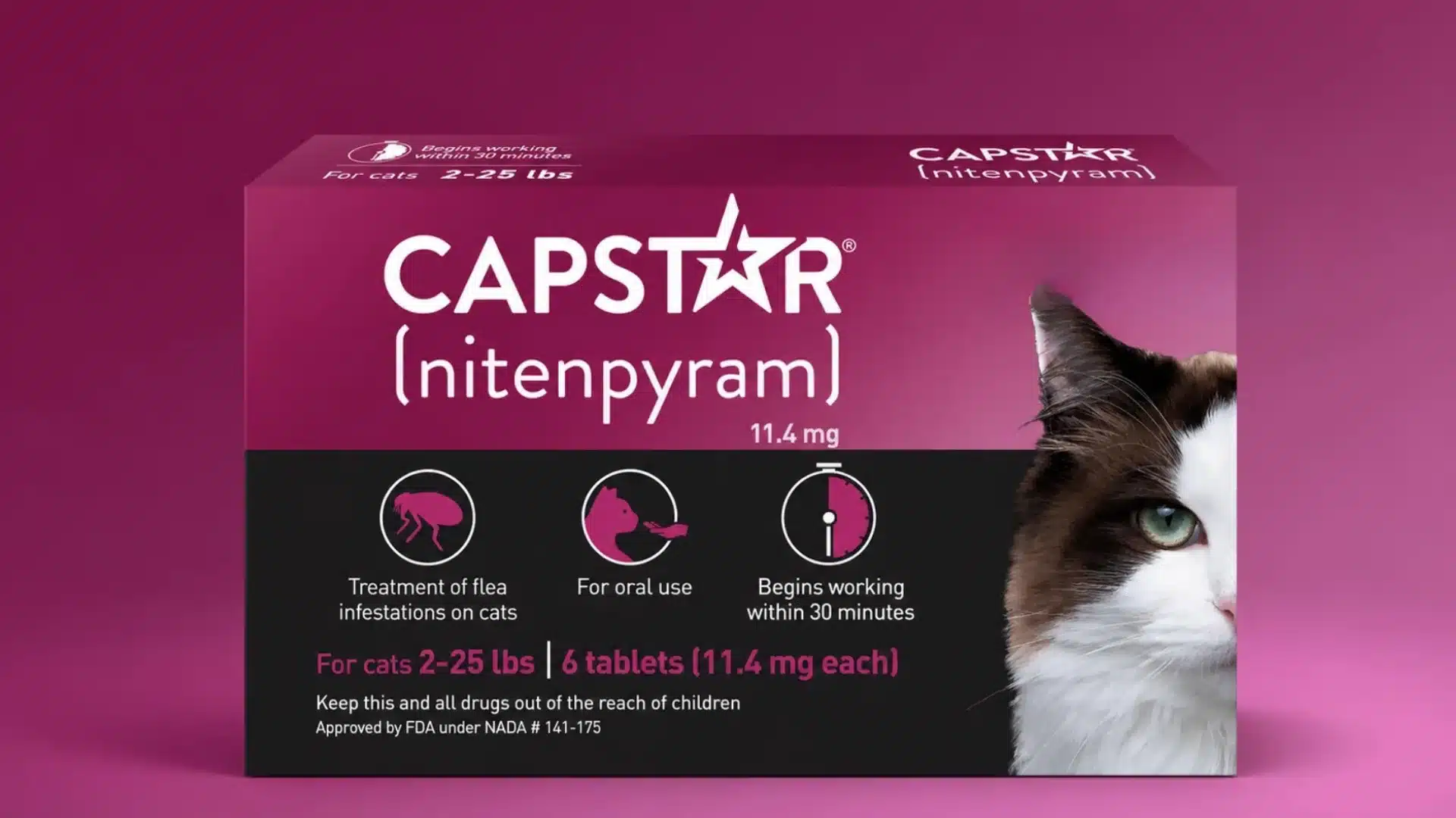 Capstar nitenpyram flea treatment box for cats with product details and cat image
