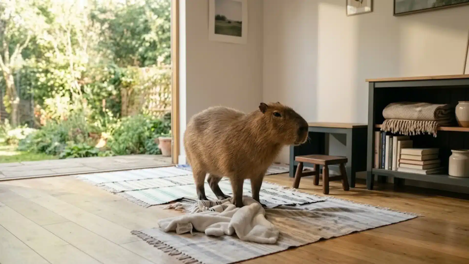 Capybara standing on rug inside modern living room near open patio door