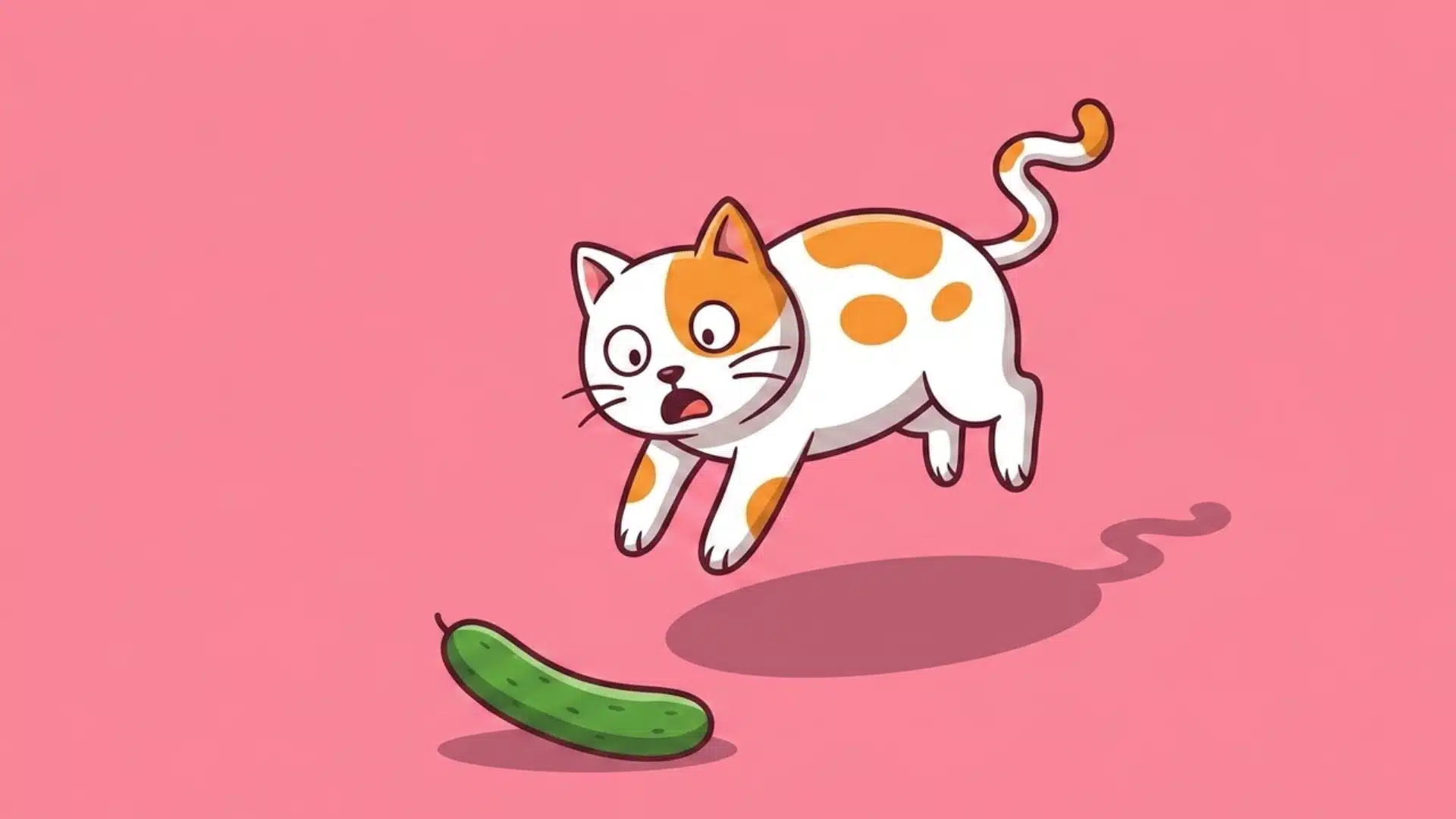 Cartoon illustration of a startled white and orange cat leaping mid-air away from a green cucumber on a pink background