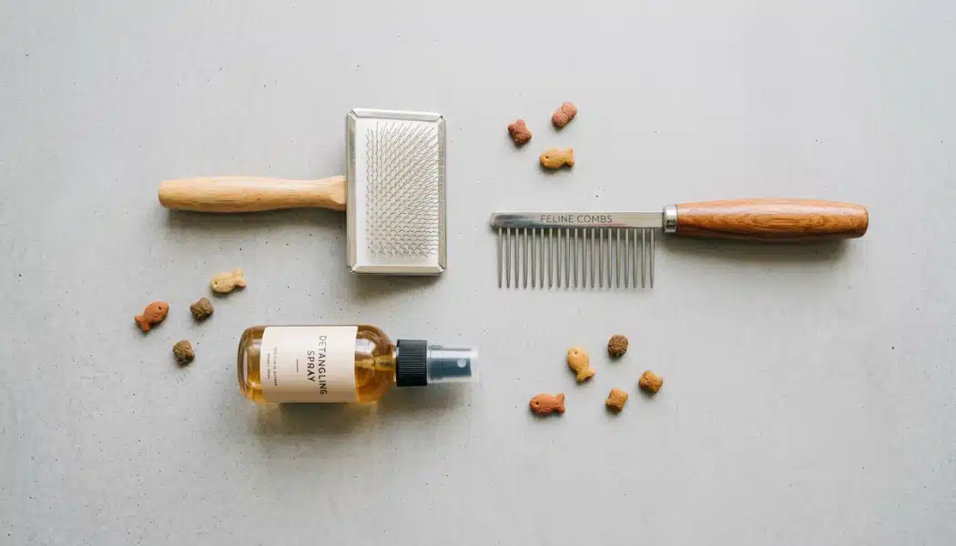 Cat grooming tools with slicker brush, metal comb, detangling spray, and treats on a gray surface
