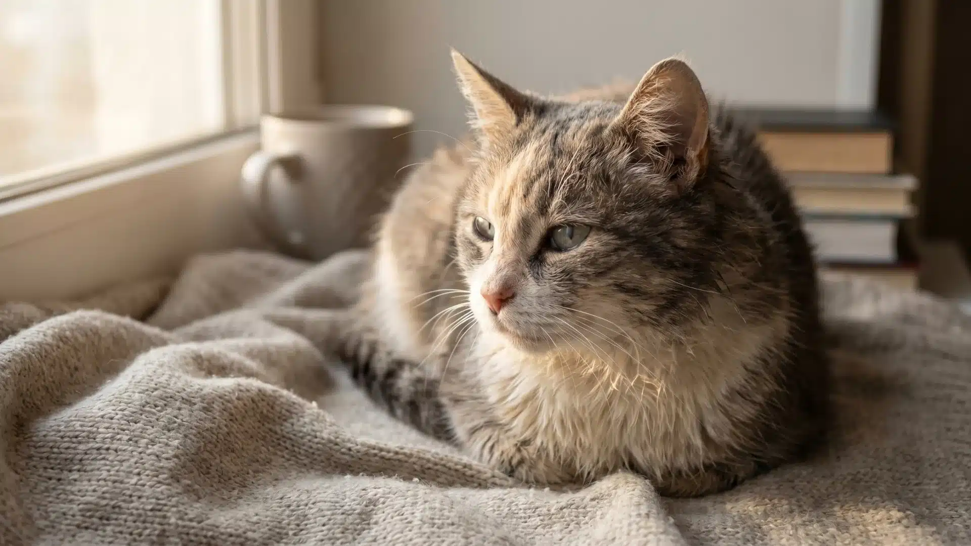 Cat lying near window on blanket