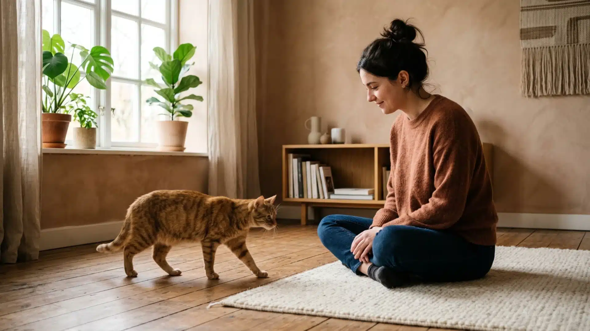 Cat owner letting cat approach on its own terms to build trust and affection at home