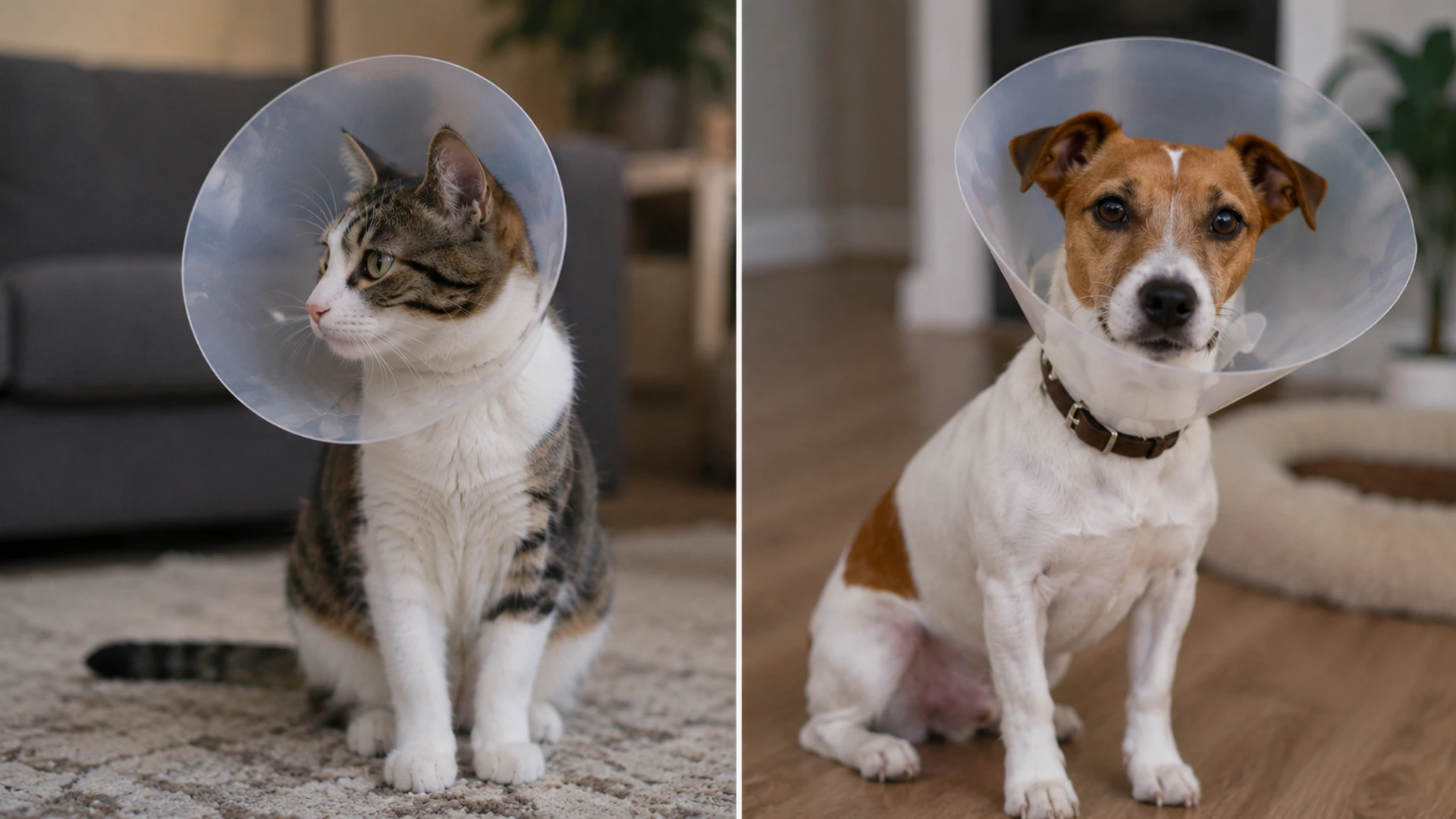 Cat and dog wearing recovery cones after spay and neuter, sitting indoors in a softly lit home setting