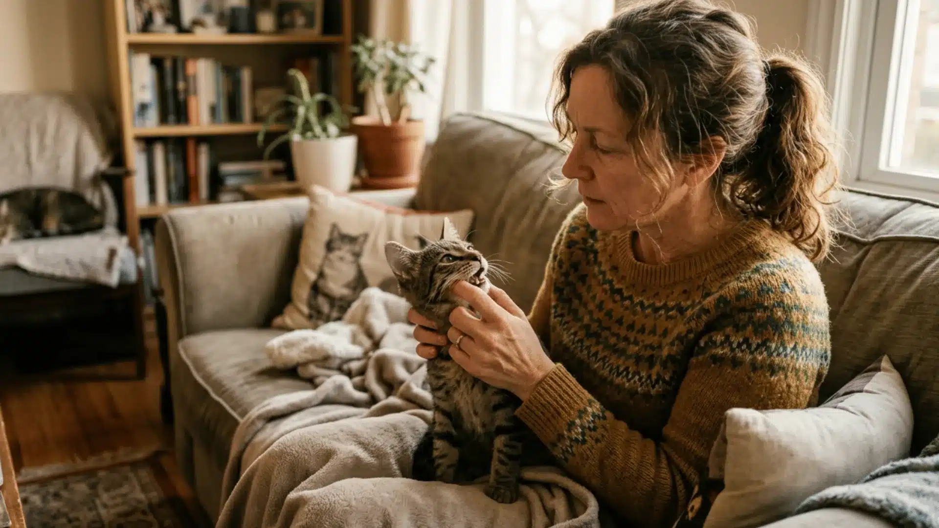 Cat owner checking cat's mouth after possible snake plant licking at home