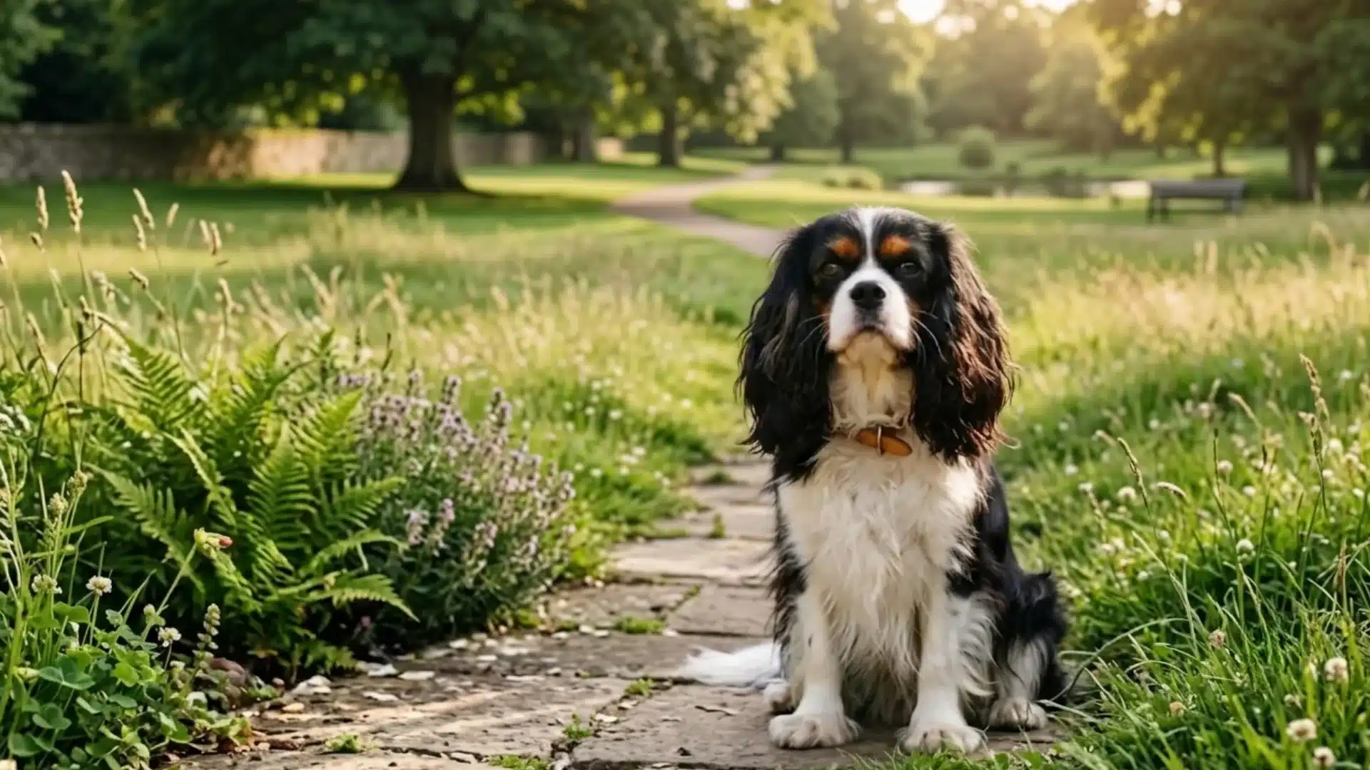 Cavalier King Charles Spaniel sitting on a garden path in a park