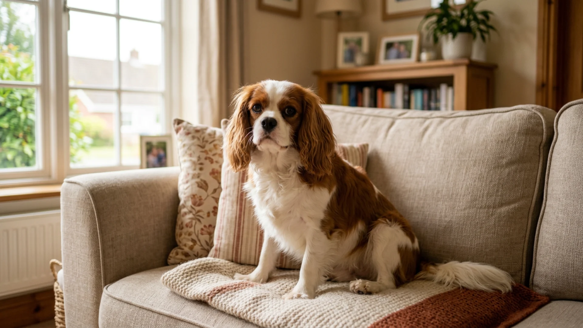 Cavalier King Charles Spaniel sitting on a sofa