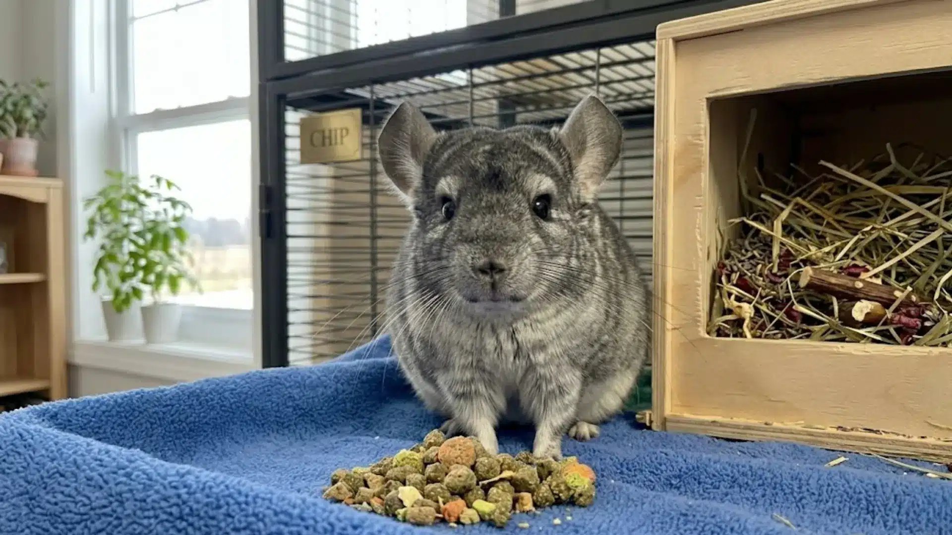 Chinchilla sitting beside a wooden hay house with pellets inside a cozy indoor pet habitat