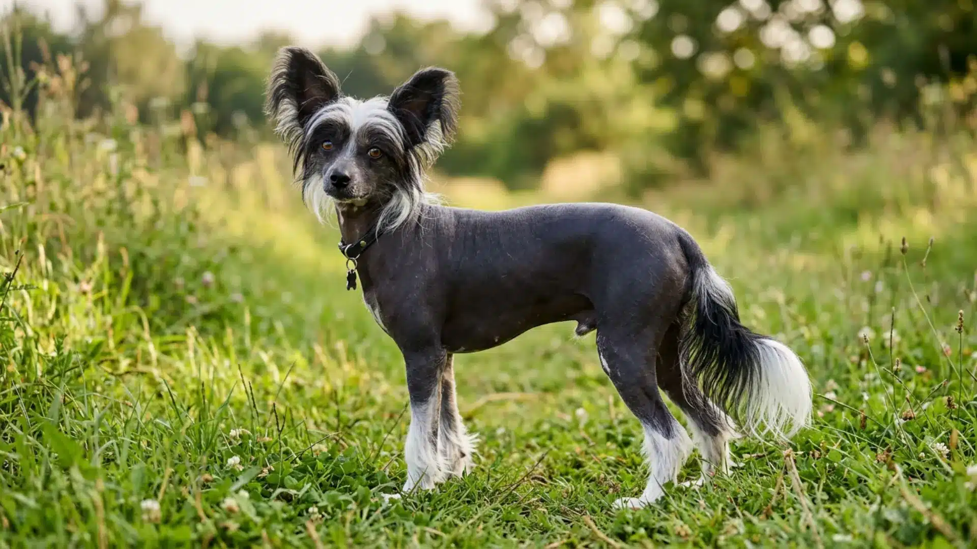 Chinese Crested dog standing on grass with black hairless body, feathered legs, long tail, and large ears
