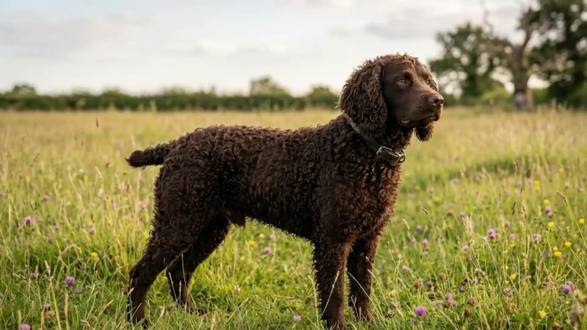 Chocolate brown curly dog standing in a wildflower meadow with trees and cloudy sky behind