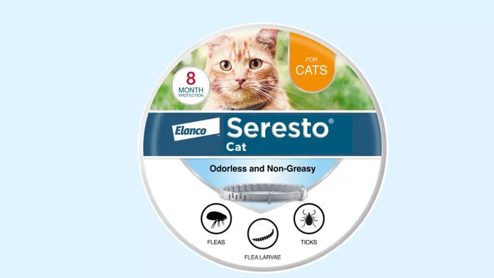 Circular tin of Elanco Seresto flea and tick collar for cats, promising 8-month protection with an orange cat picture