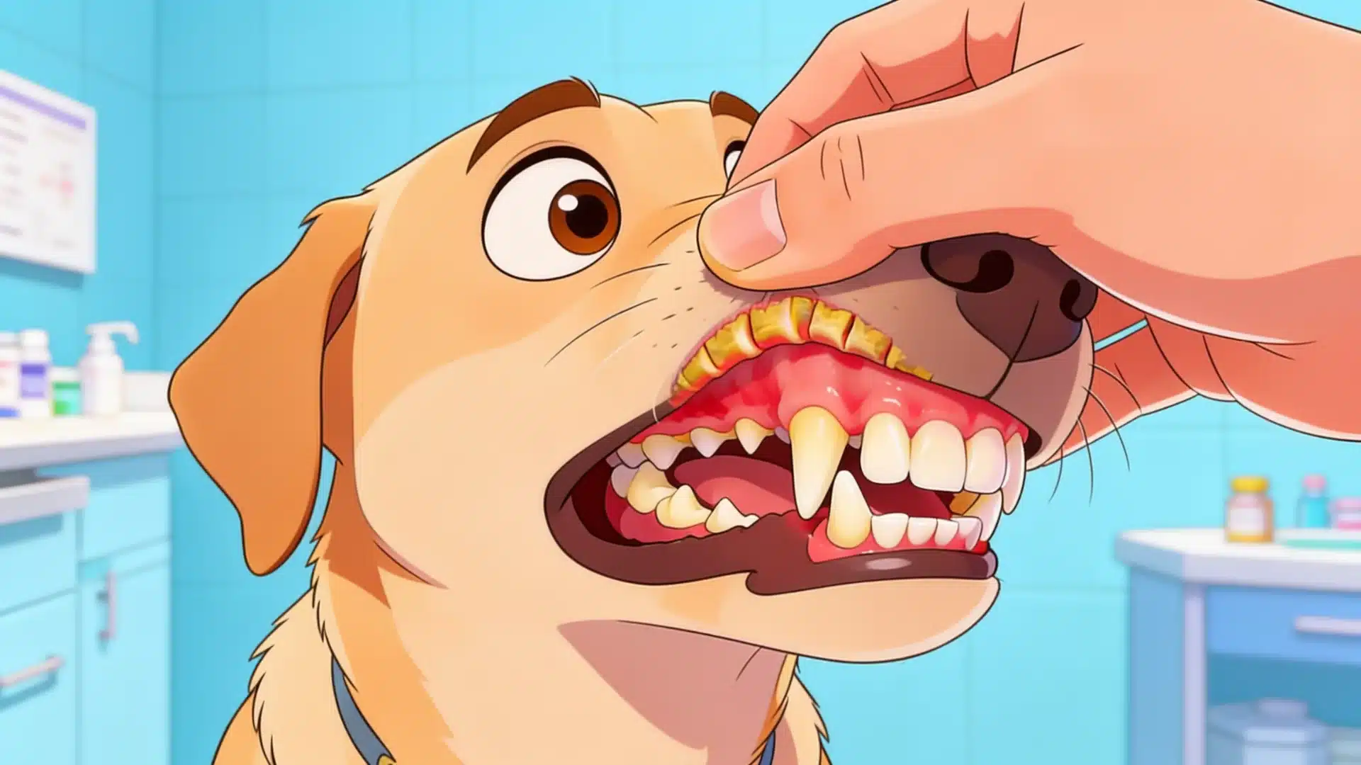 Close-up of a dog's inflamed gums and heavy plaque buildup.