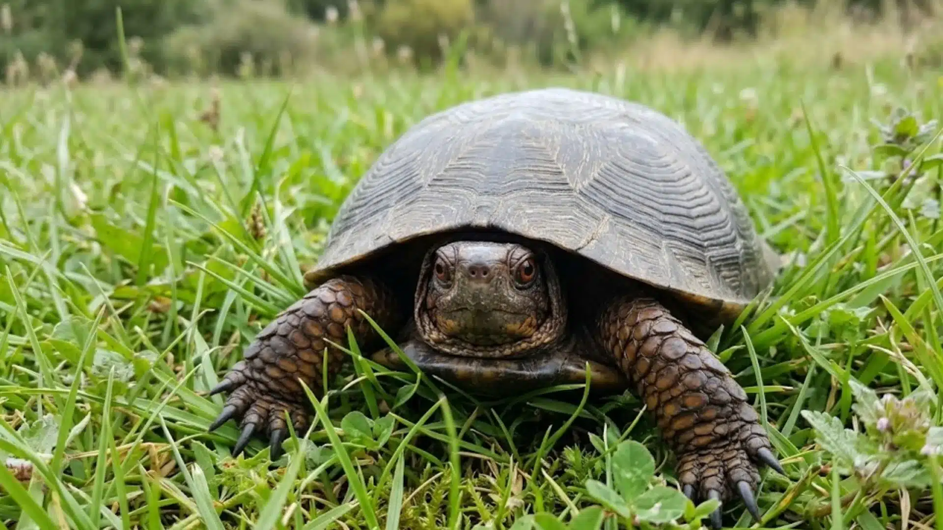 Close-up of a freshwater turtle crawling through green grass with its shell, face, and scaly legs clearly visible