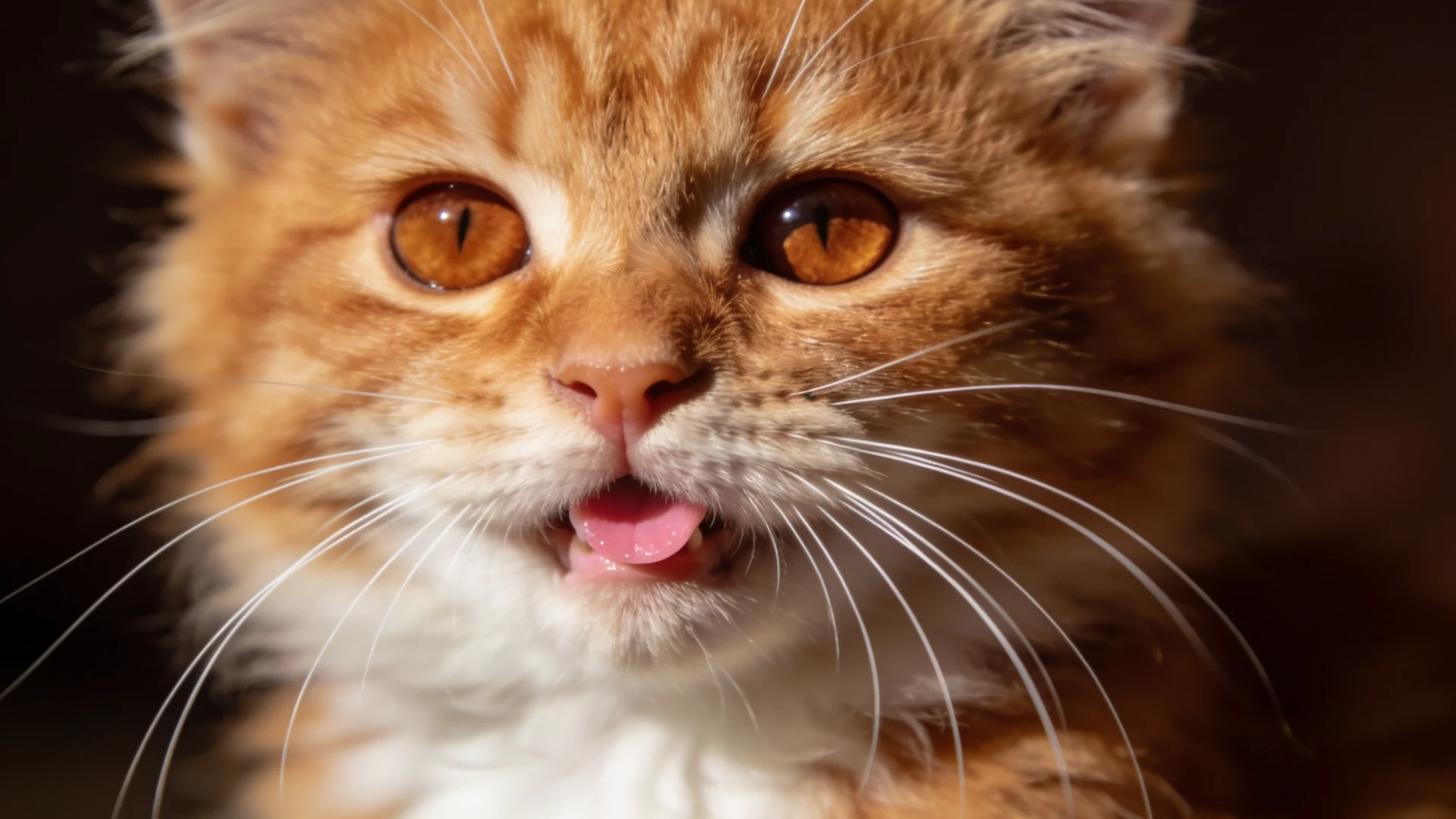 Close-up of orange and white kitten with amber eyes, open mouth, and long whiskers