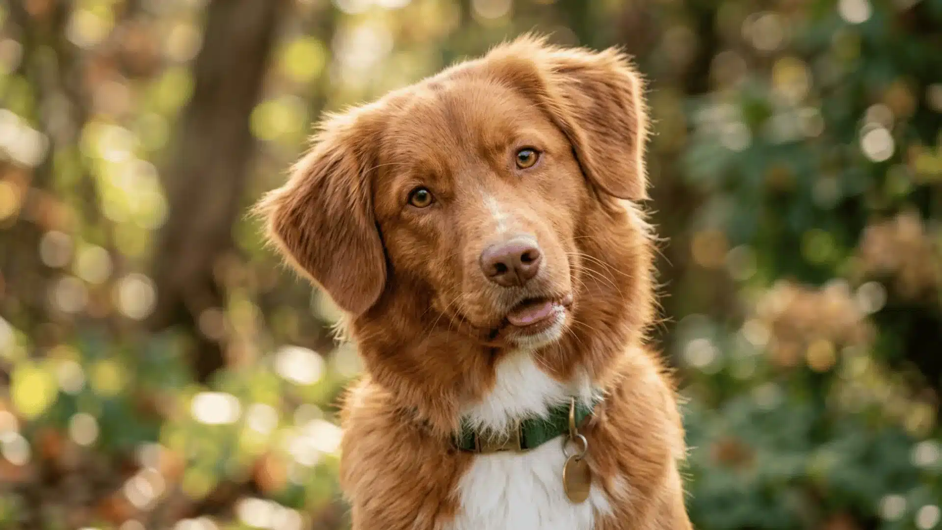 Close-up of a toller dog showing foxy head shape, copper coat, and white chest marking
