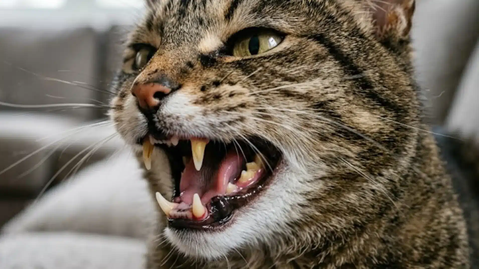 Close view of a tabby cat showing unhealthy teeth and visible tartar buildup inside the mouth