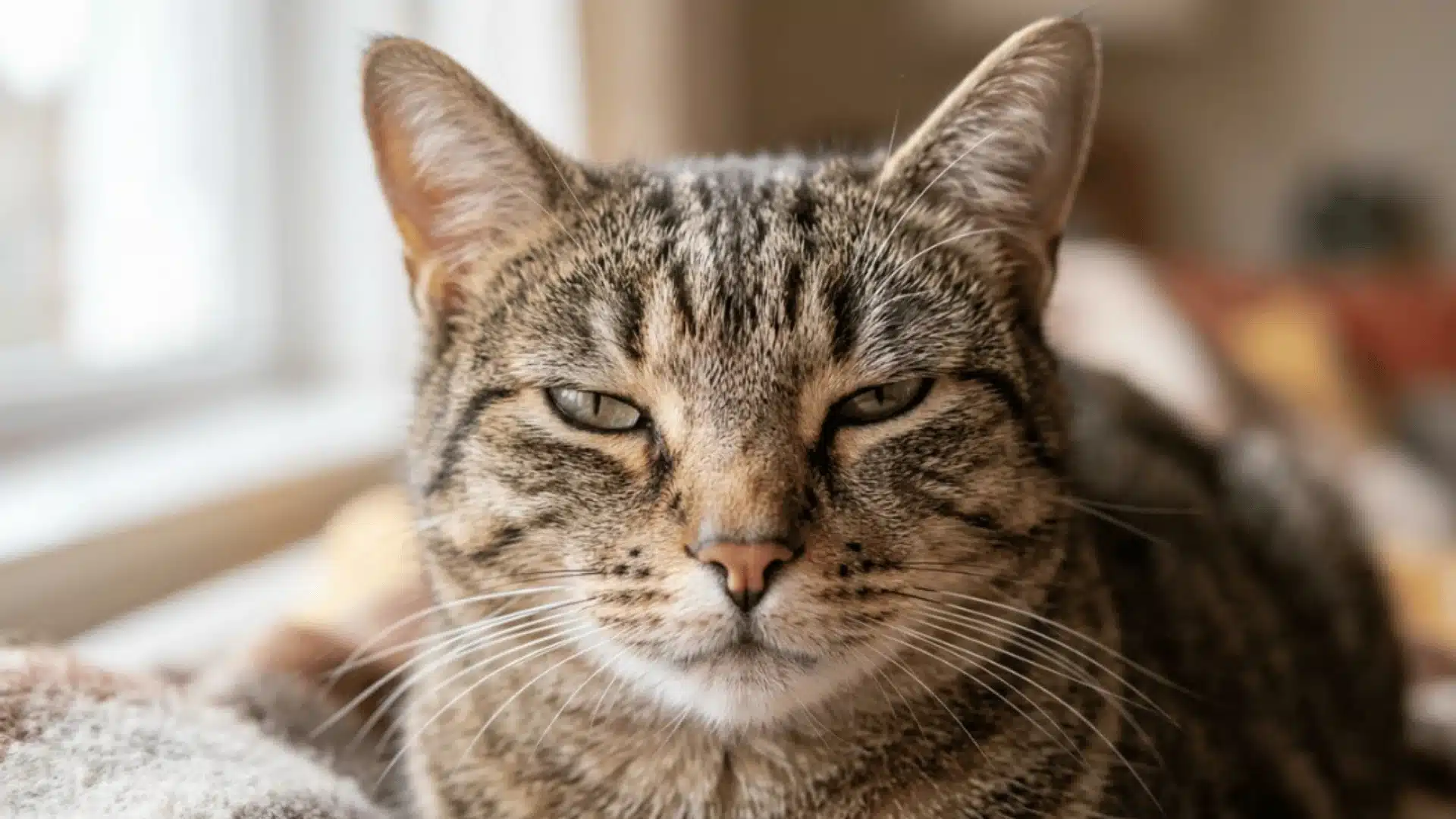 Close up of a tabby cat with half closed eyes resting indoors