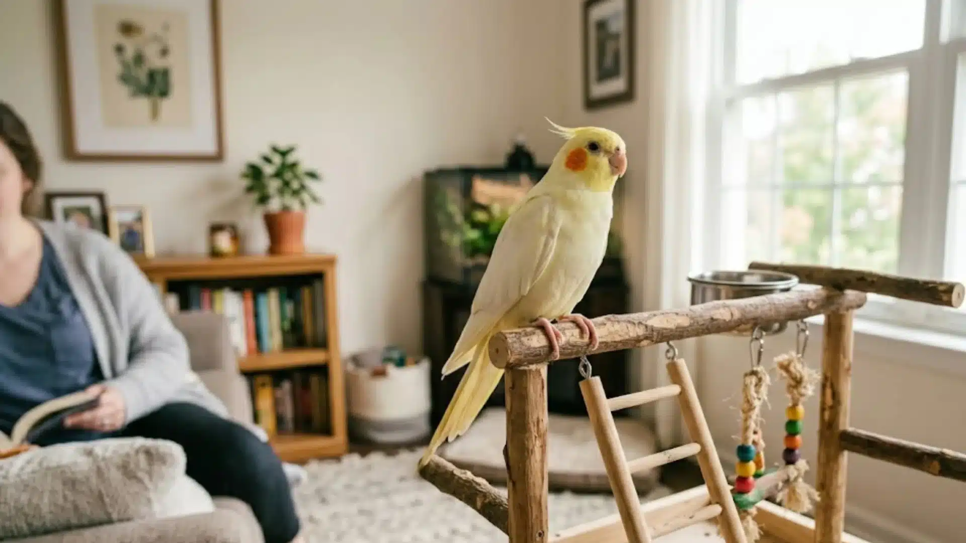 Cockatiel standing on a wooden perch beside a bright window in a cozy living room setting