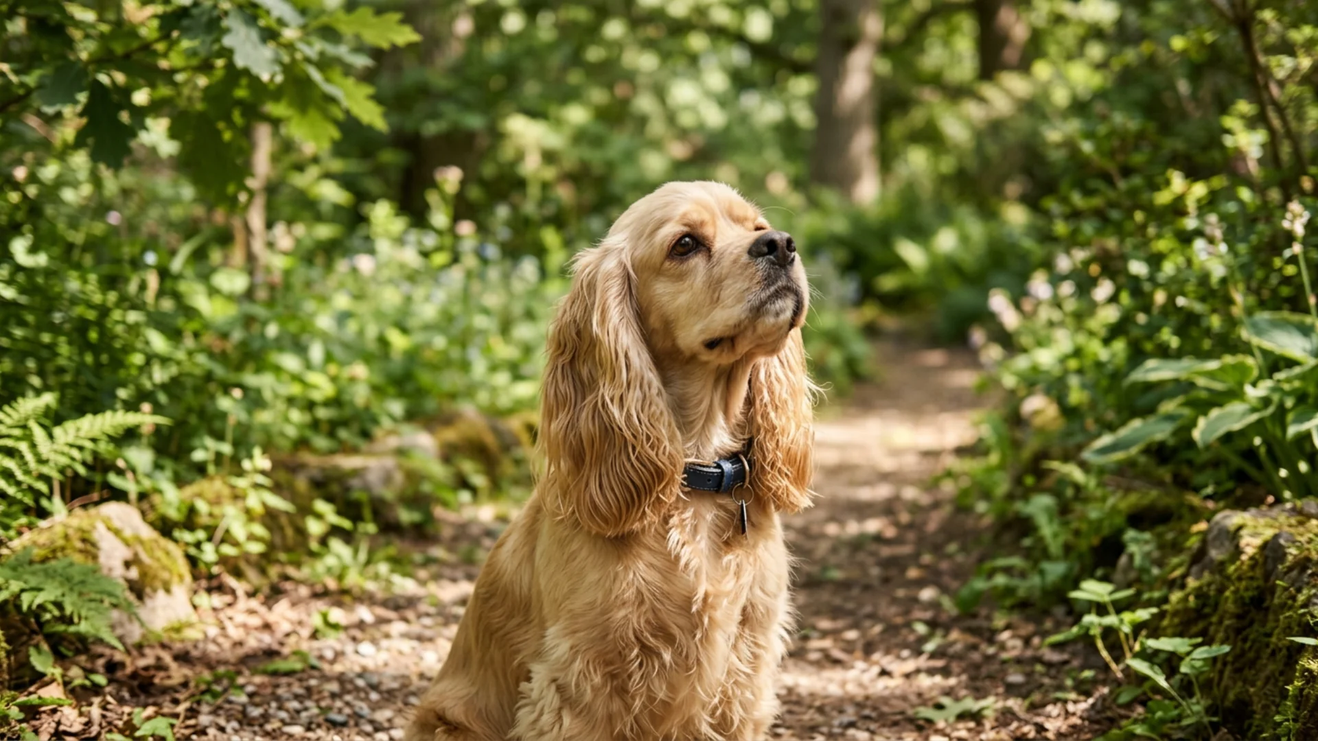 Cocker Spaniel with silky ears in a garden