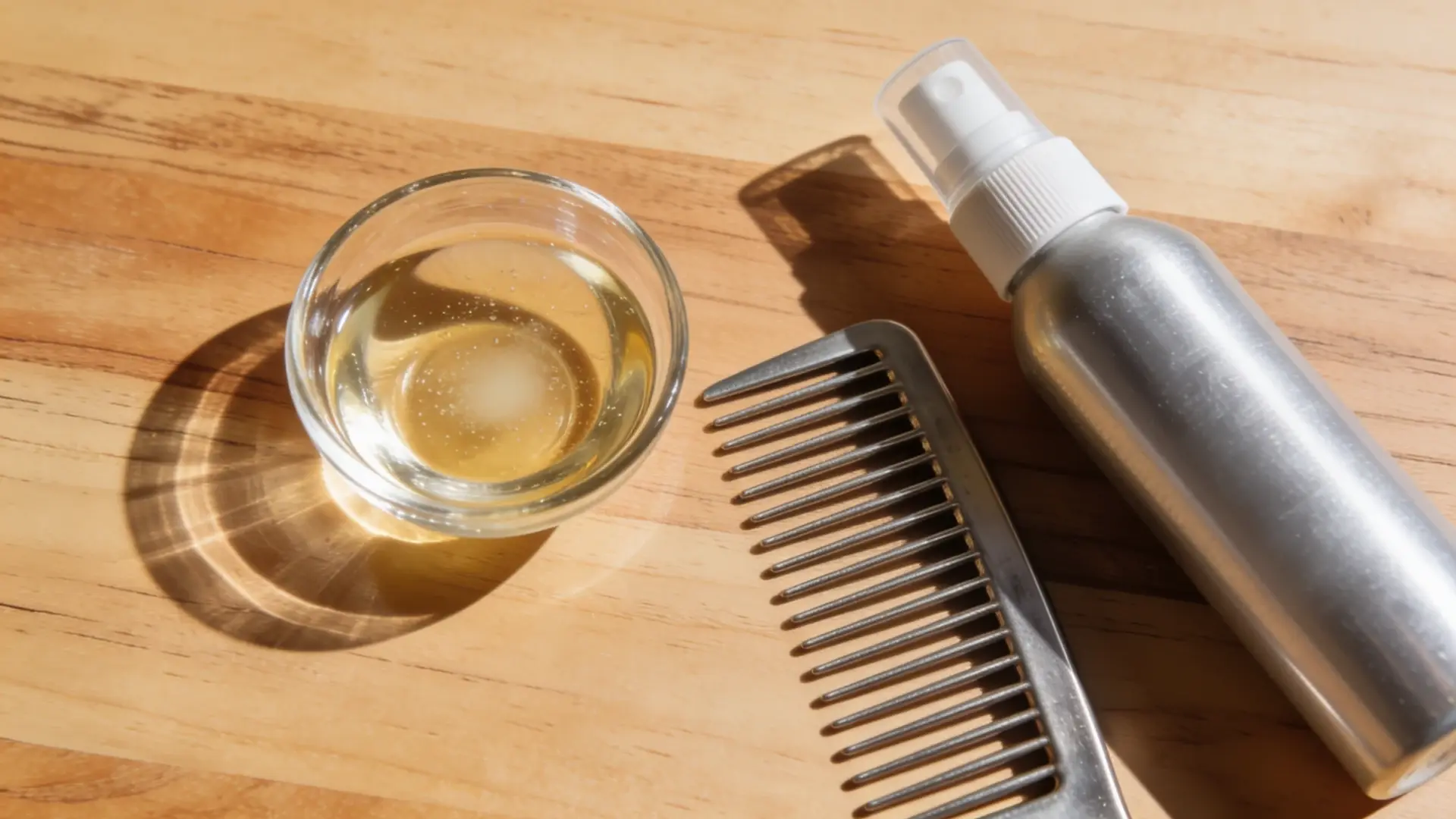 Coconut oil, spray, wide-tooth comb laid out for removing matted cat hair at home