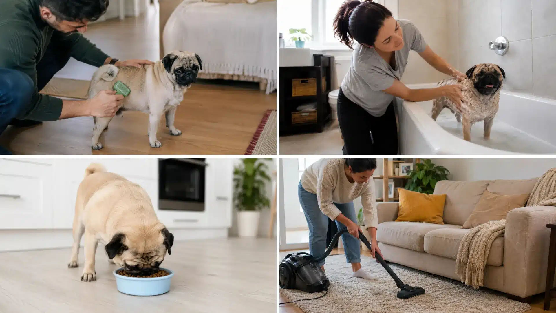 Collage showing pug grooming, bathing, eating, and home cleaning routines to reduce shedding indoors